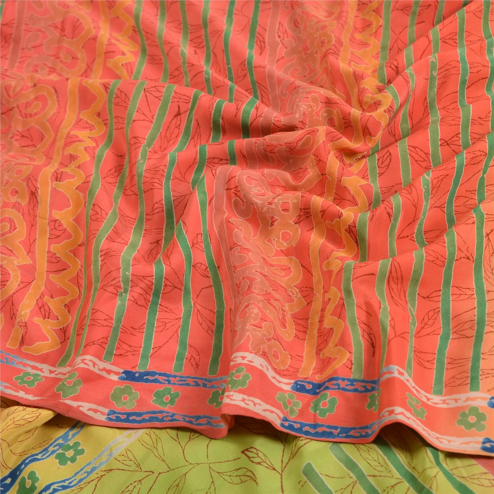 Sanskriti Vintage Sarees Indian Multi Printed Pure Crepe Silk Sari Craft Fabric