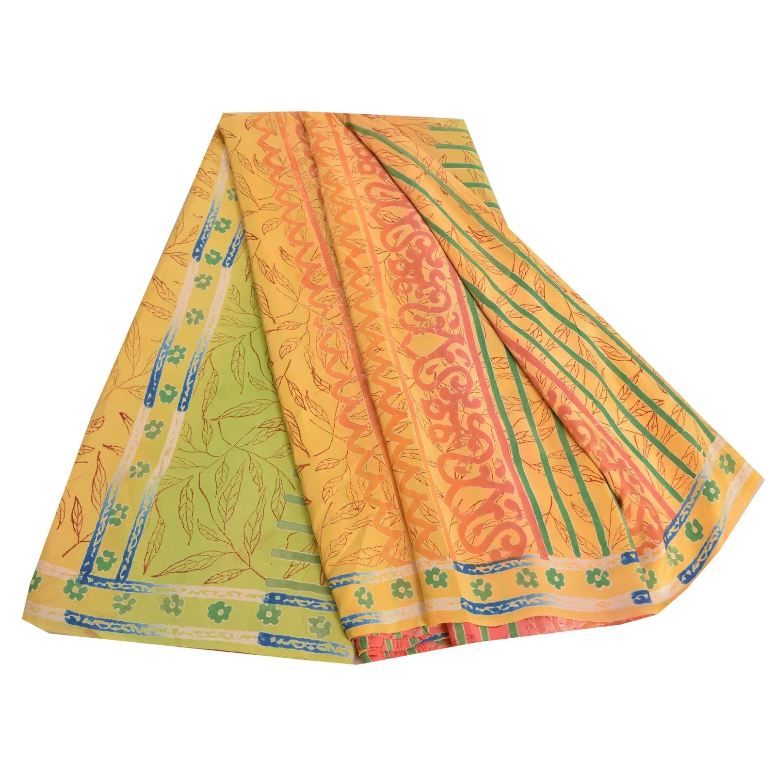 Sanskriti Vintage Sarees Indian Multi Printed Pure Crepe Silk Sari Craft Fabric