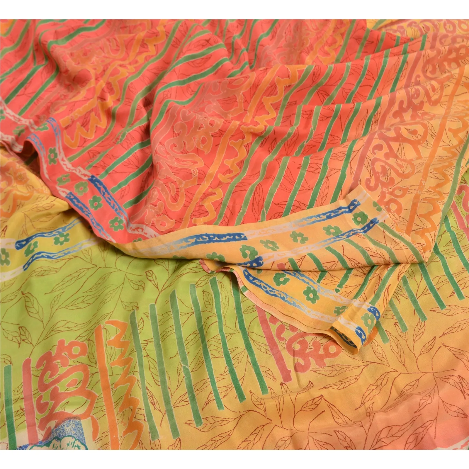 Sanskriti Vintage Sarees Indian Multi Printed Pure Crepe Silk Sari Craft Fabric