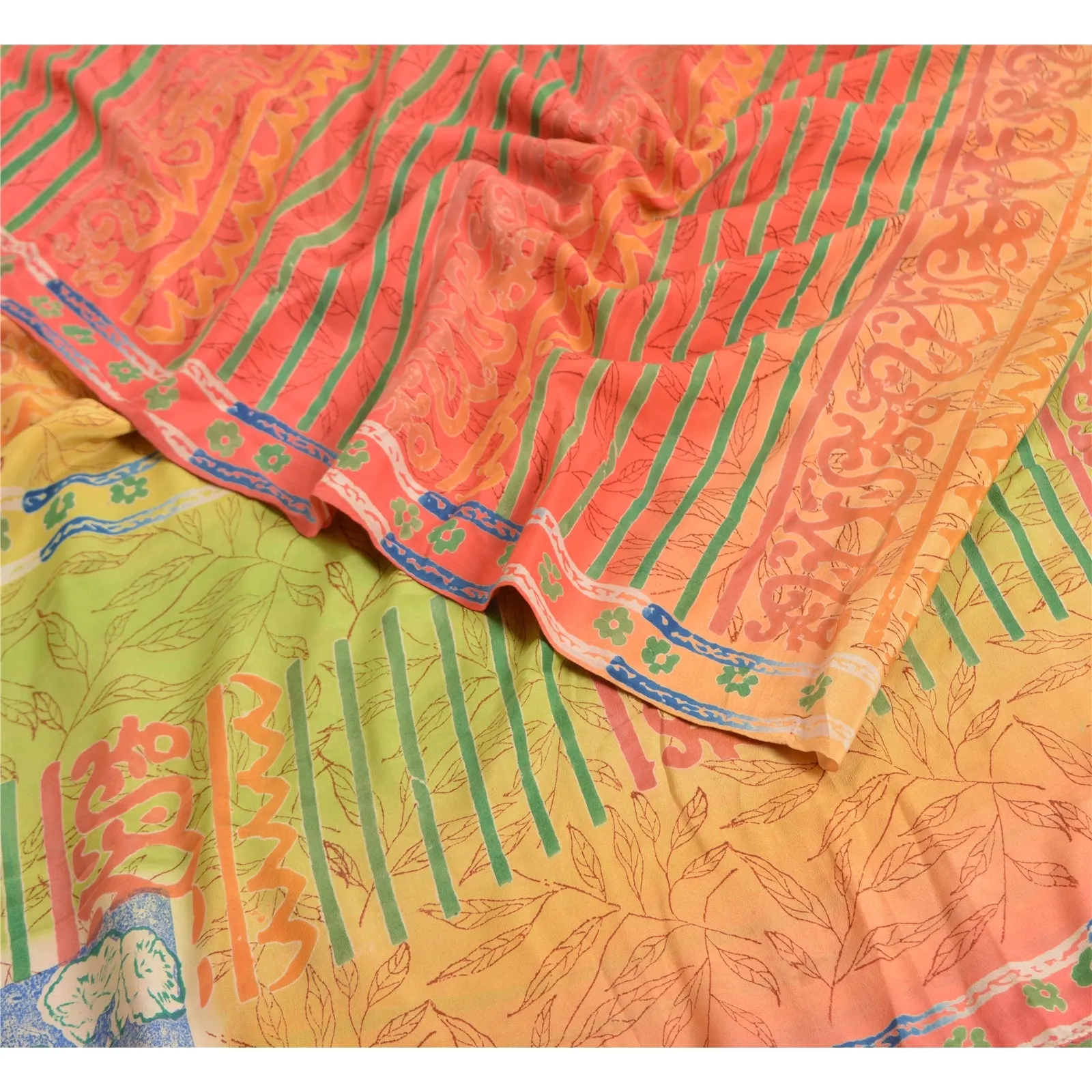 Sanskriti Vintage Sarees Indian Multi Printed Pure Crepe Silk Sari Craft Fabric