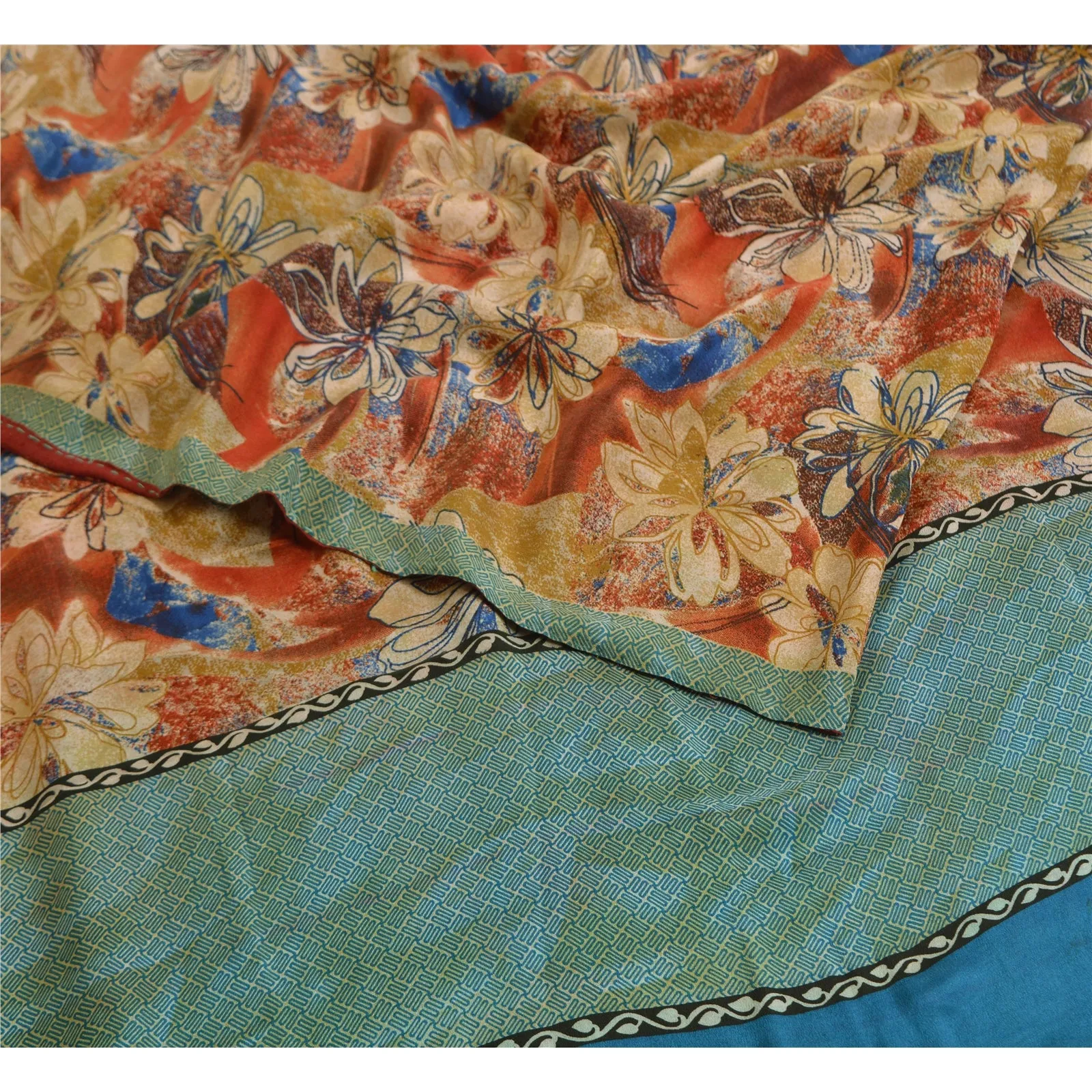 Sanskriti Vintage Sarees Indian Multi Pure Crepe Silk Printed Sari Craft Fabric