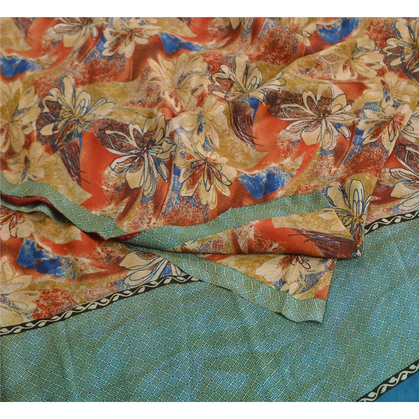 Sanskriti Vintage Sarees Indian Multi Pure Crepe Silk Printed Sari Craft Fabric