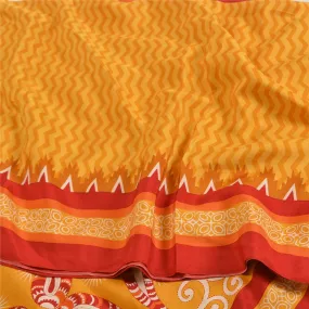 Sanskriti Vintage Sarees Indian Yellow Pure Crepe Silk Printed Sari Craft Fabric