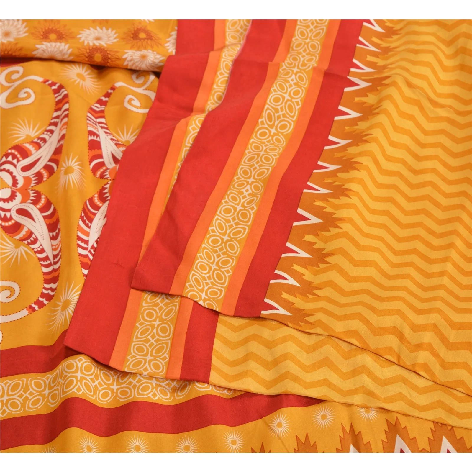 Sanskriti Vintage Sarees Indian Yellow Pure Crepe Silk Printed Sari Craft Fabric