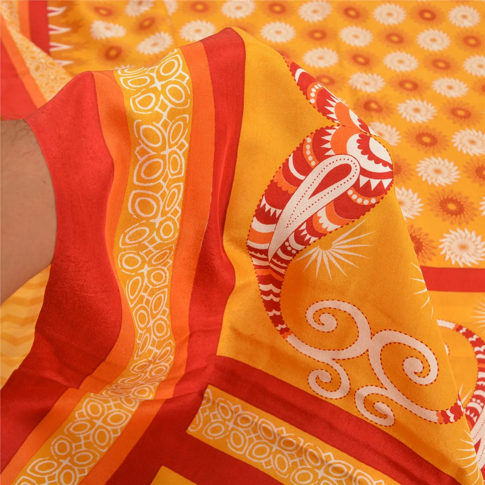 Sanskriti Vintage Sarees Indian Yellow Pure Crepe Silk Printed Sari Craft Fabric