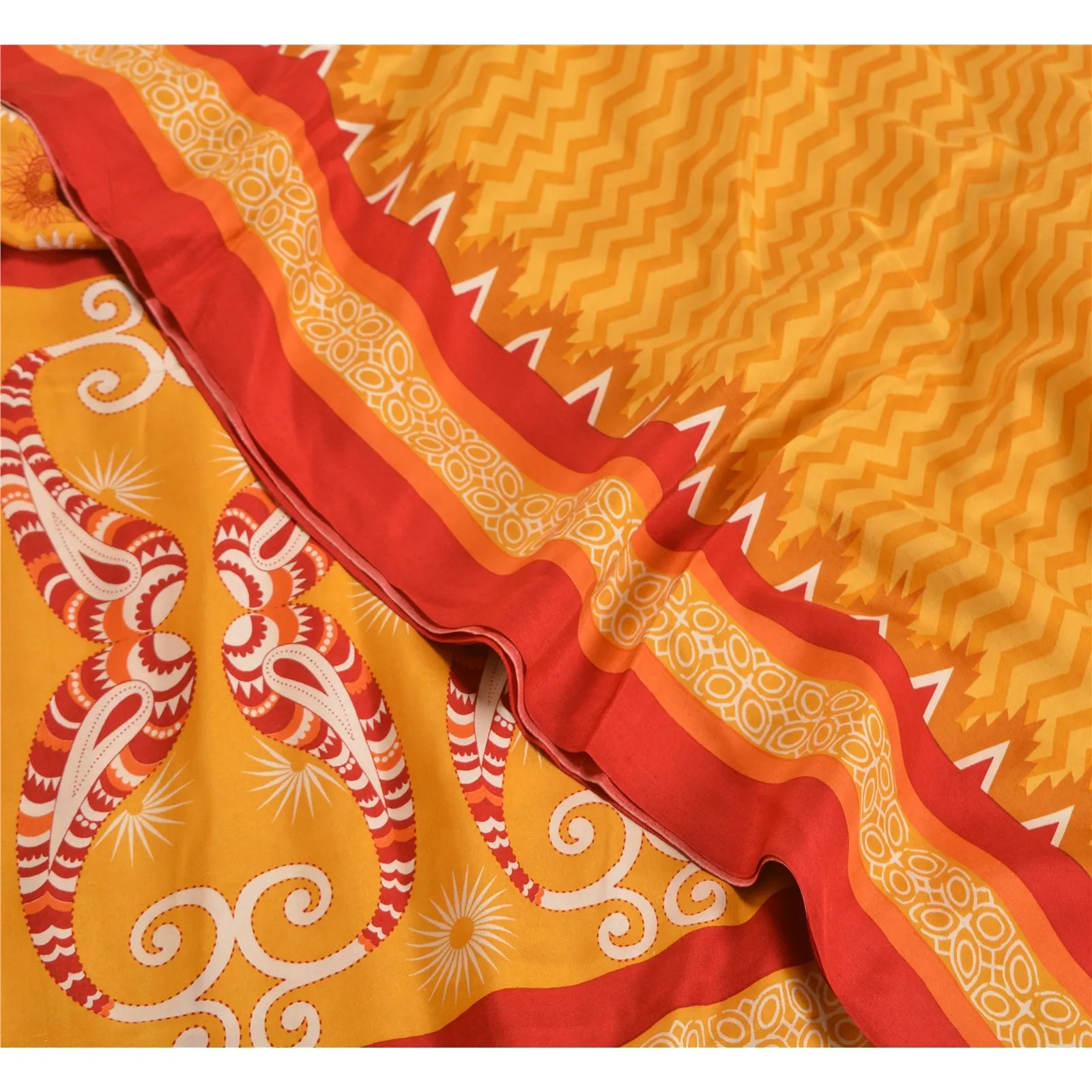 Sanskriti Vintage Sarees Indian Yellow Pure Crepe Silk Printed Sari Craft Fabric