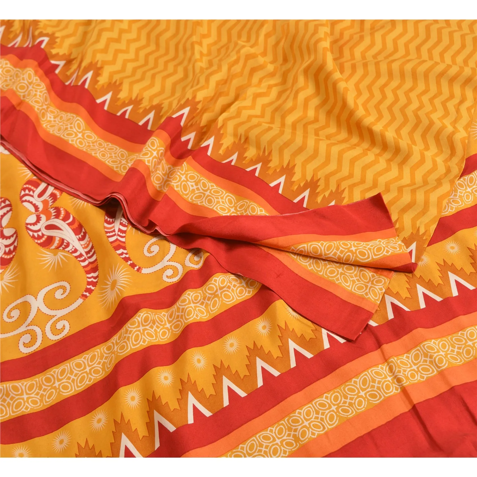 Sanskriti Vintage Sarees Indian Yellow Pure Crepe Silk Printed Sari Craft Fabric