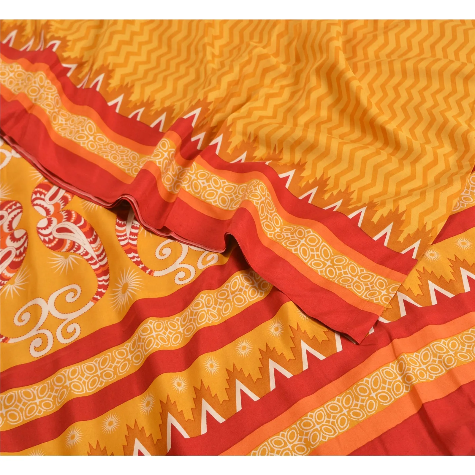 Sanskriti Vintage Sarees Indian Yellow Pure Crepe Silk Printed Sari Craft Fabric