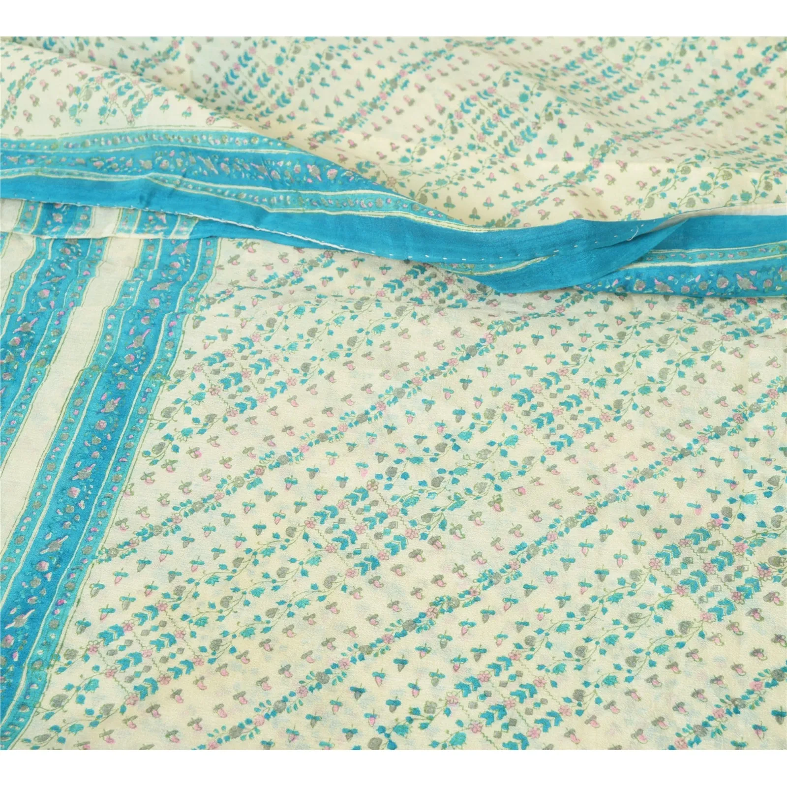 Sanskriti Vintage Sarees Ivory/Blue Pure Georgette Printed Sari 5yd Craft Fabric