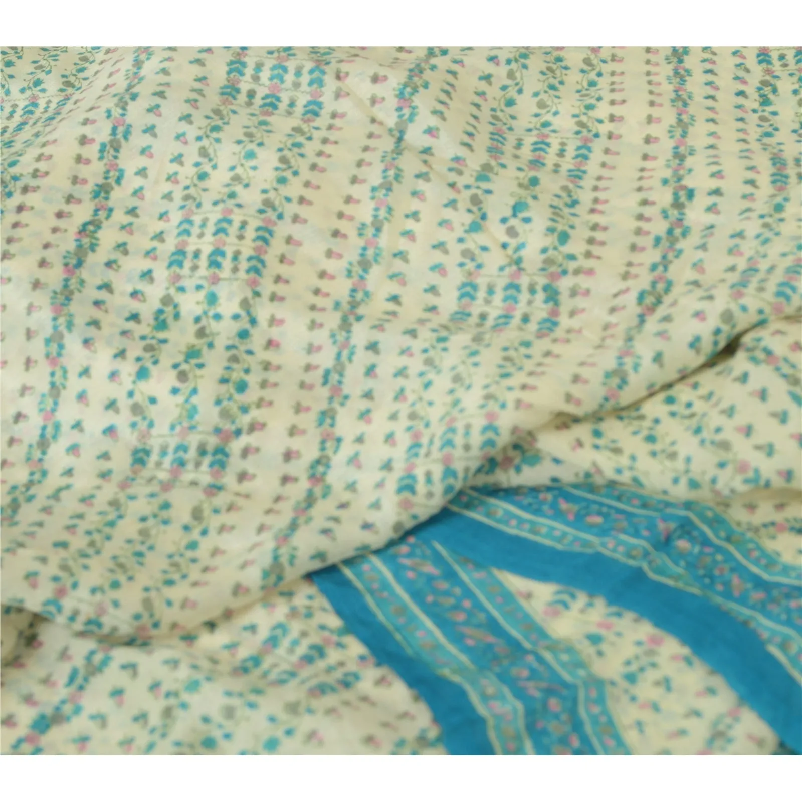 Sanskriti Vintage Sarees Ivory/Blue Pure Georgette Printed Sari 5yd Craft Fabric