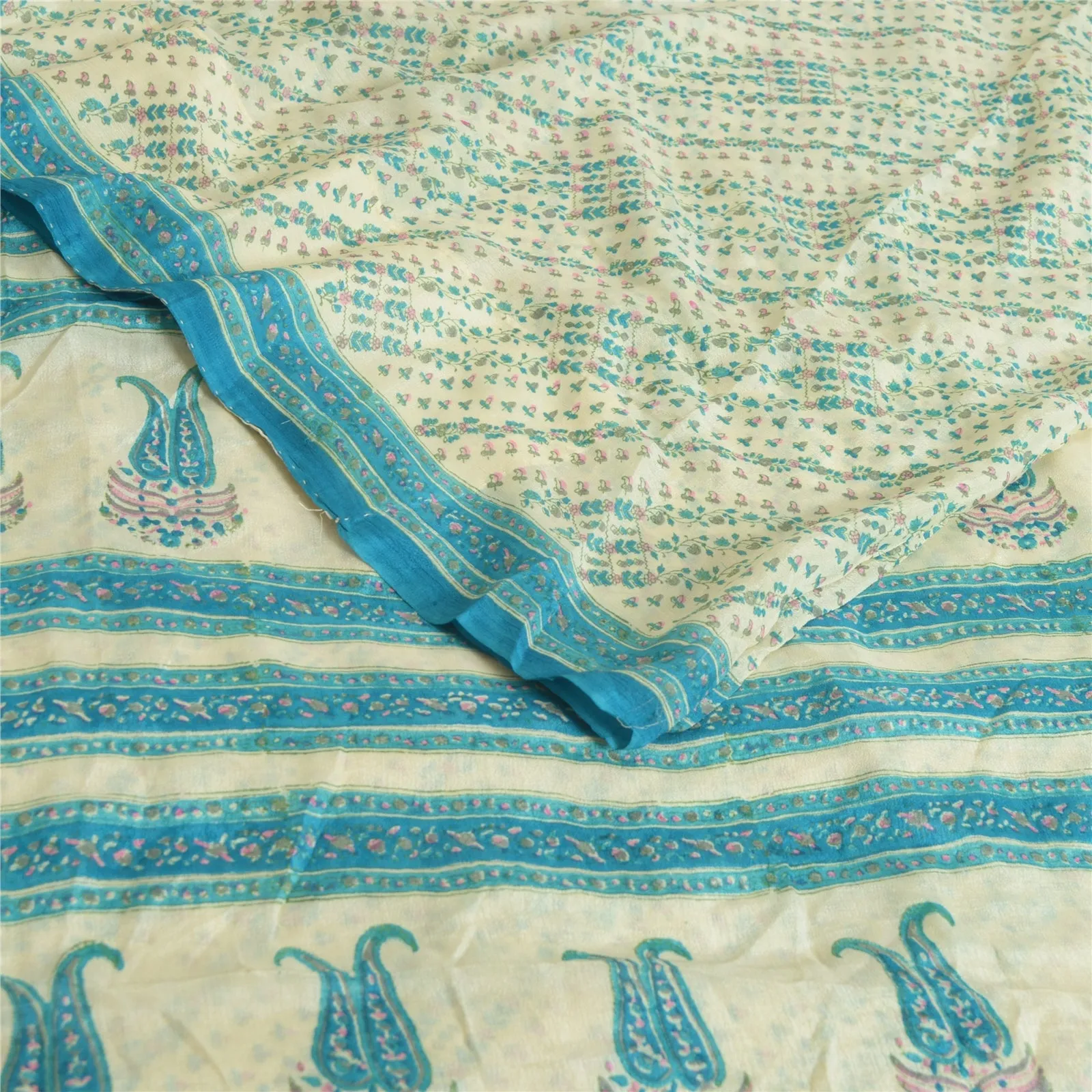 Sanskriti Vintage Sarees Ivory/Blue Pure Georgette Printed Sari 5yd Craft Fabric