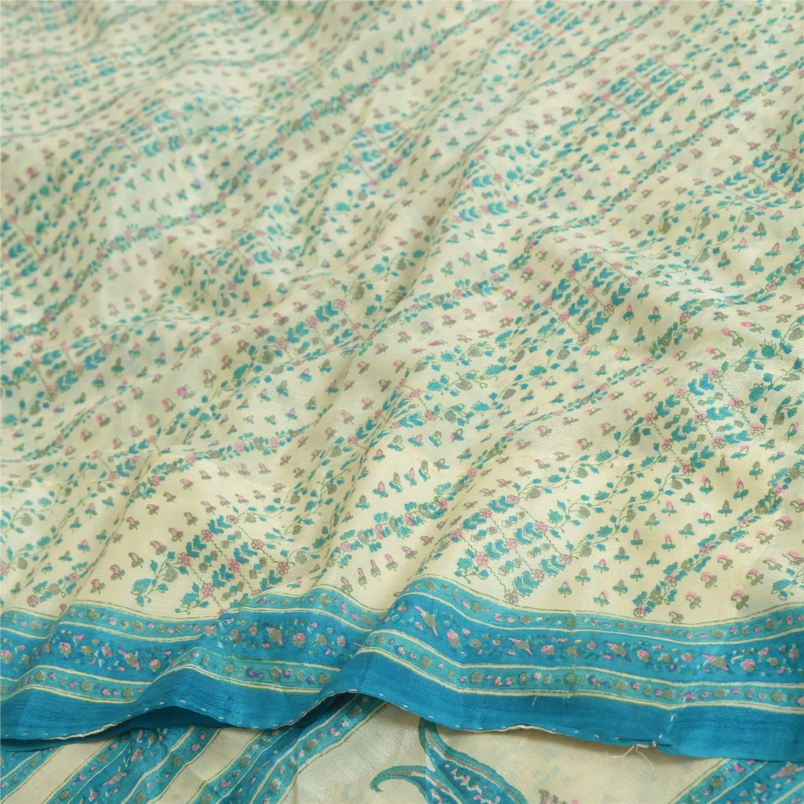 Sanskriti Vintage Sarees Ivory/Blue Pure Georgette Printed Sari 5yd Craft Fabric