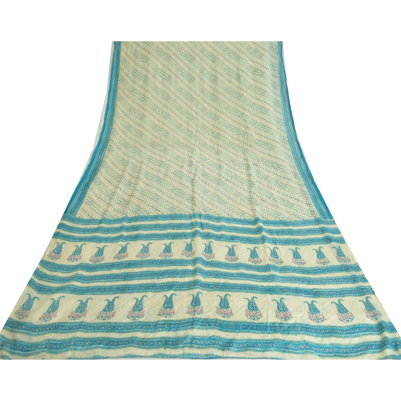 Sanskriti Vintage Sarees Ivory/Blue Pure Georgette Printed Sari 5yd Craft Fabric