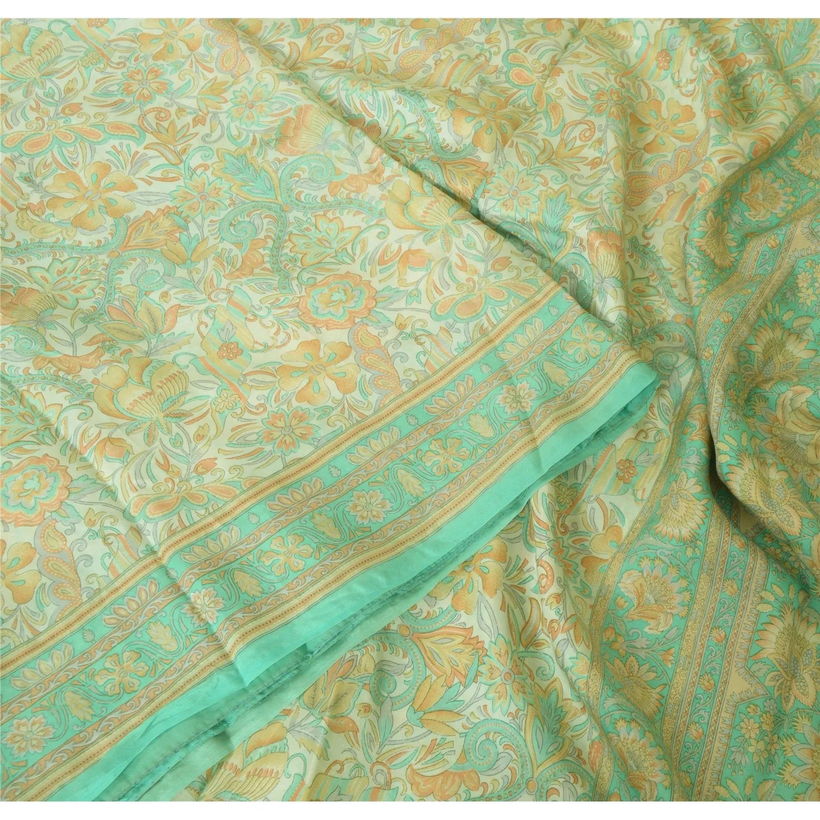 Sanskriti Vintage Sarees Ivory/Sea-Green Pure Silk Printed Sari 5yd Craft Fabric