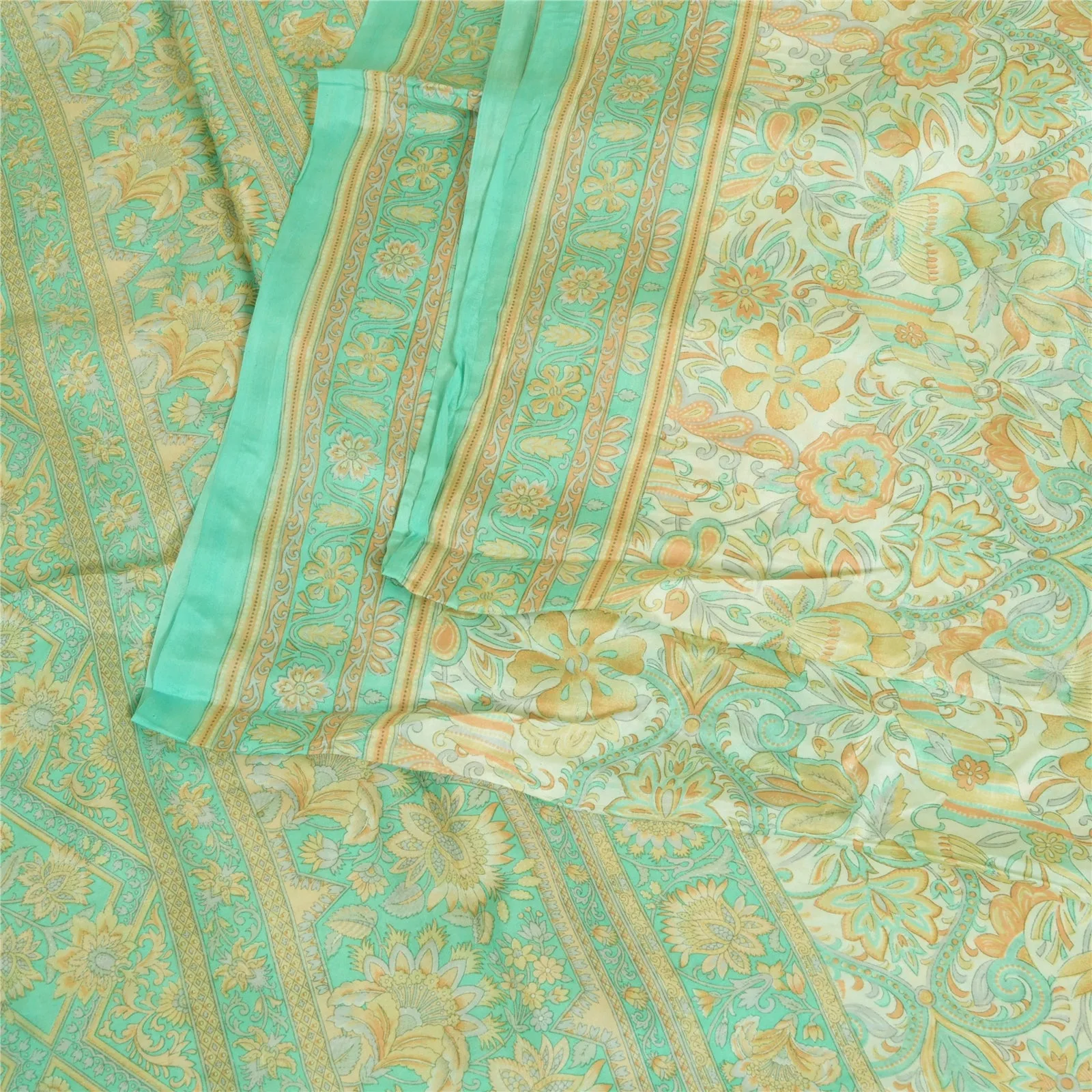 Sanskriti Vintage Sarees Ivory/Sea-Green Pure Silk Printed Sari 5yd Craft Fabric