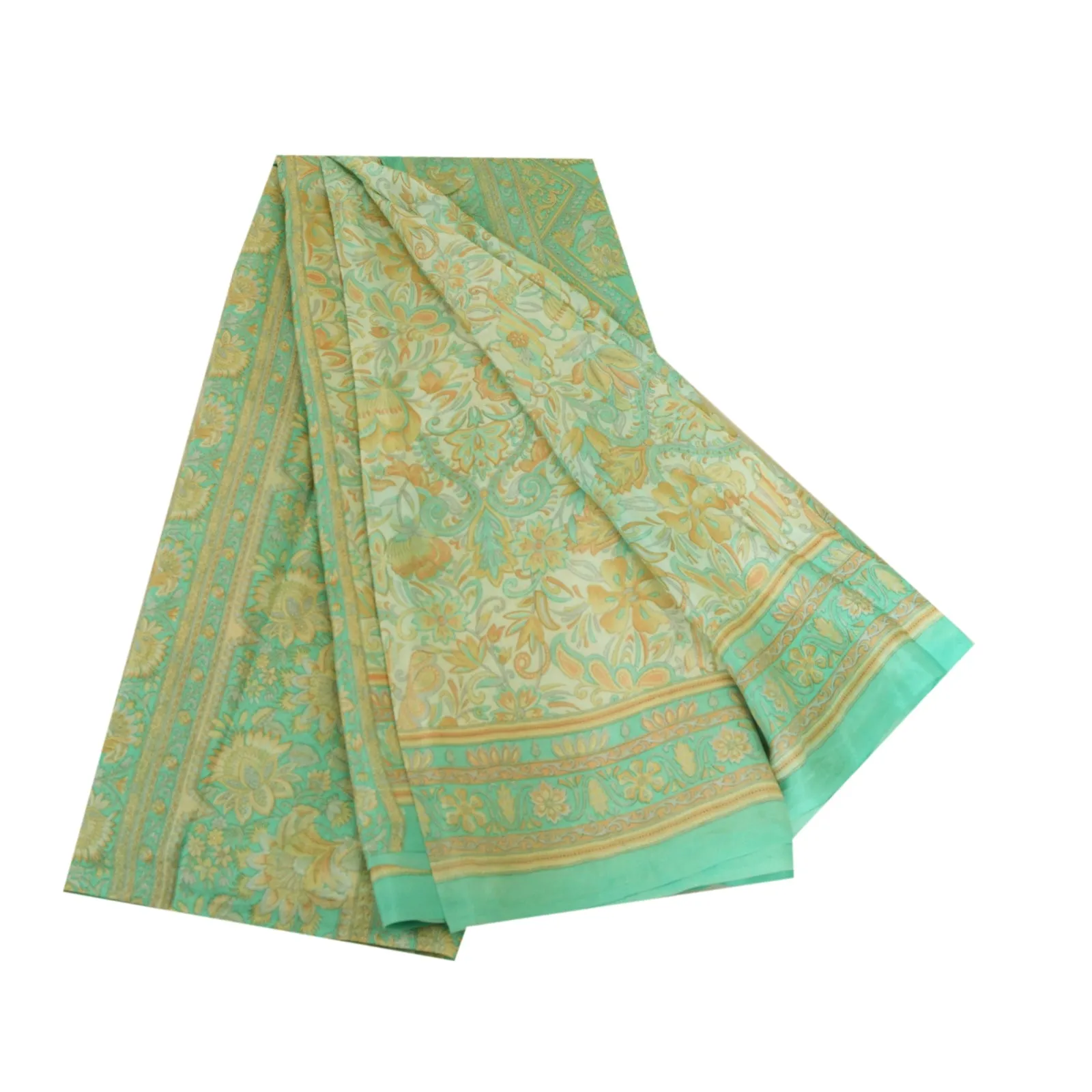 Sanskriti Vintage Sarees Ivory/Sea-Green Pure Silk Printed Sari 5yd Craft Fabric