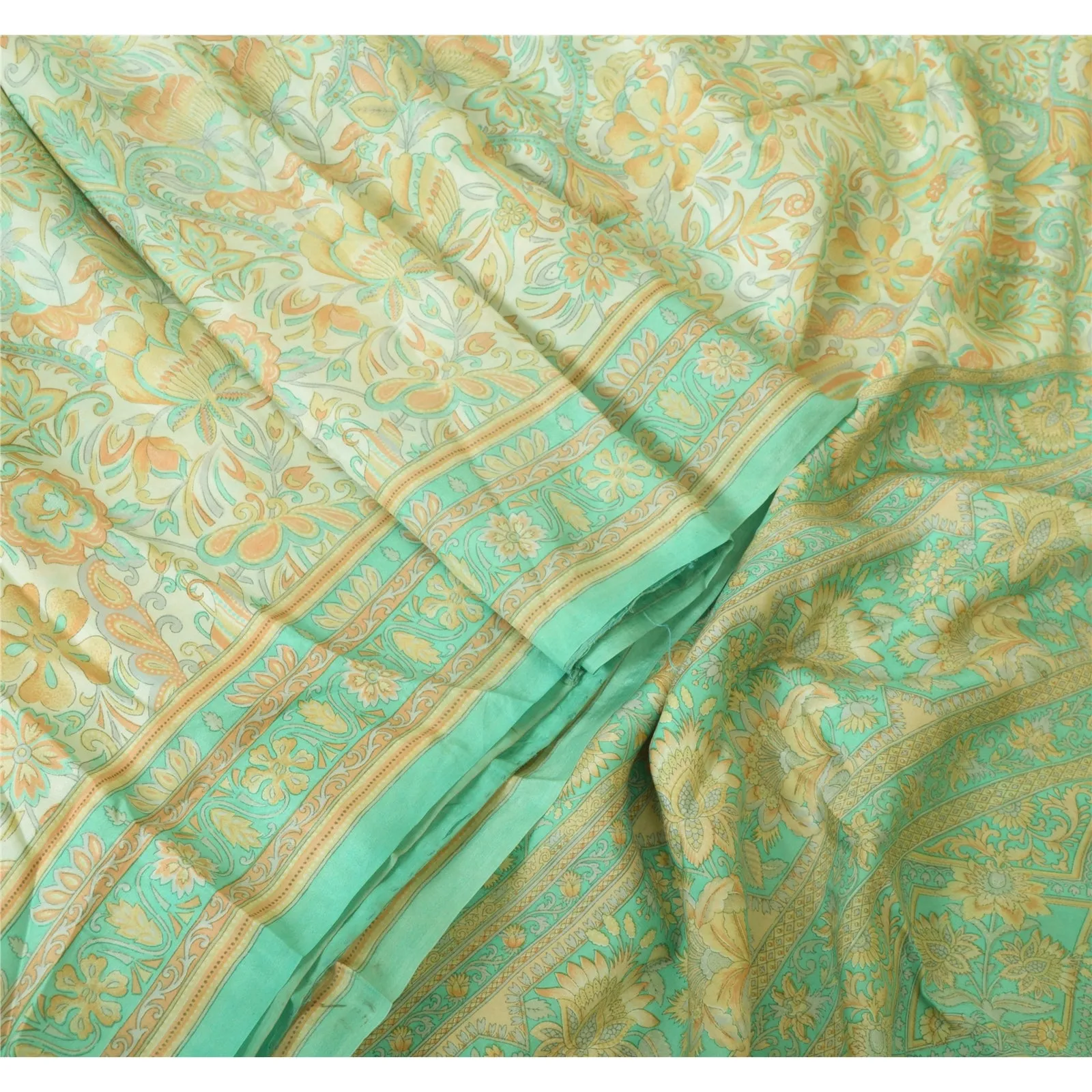 Sanskriti Vintage Sarees Ivory/Sea-Green Pure Silk Printed Sari 5yd Craft Fabric