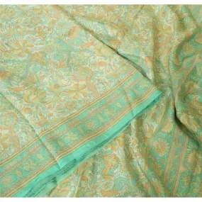 Sanskriti Vintage Sarees Ivory/Sea-Green Pure Silk Printed Sari 5yd Craft Fabric