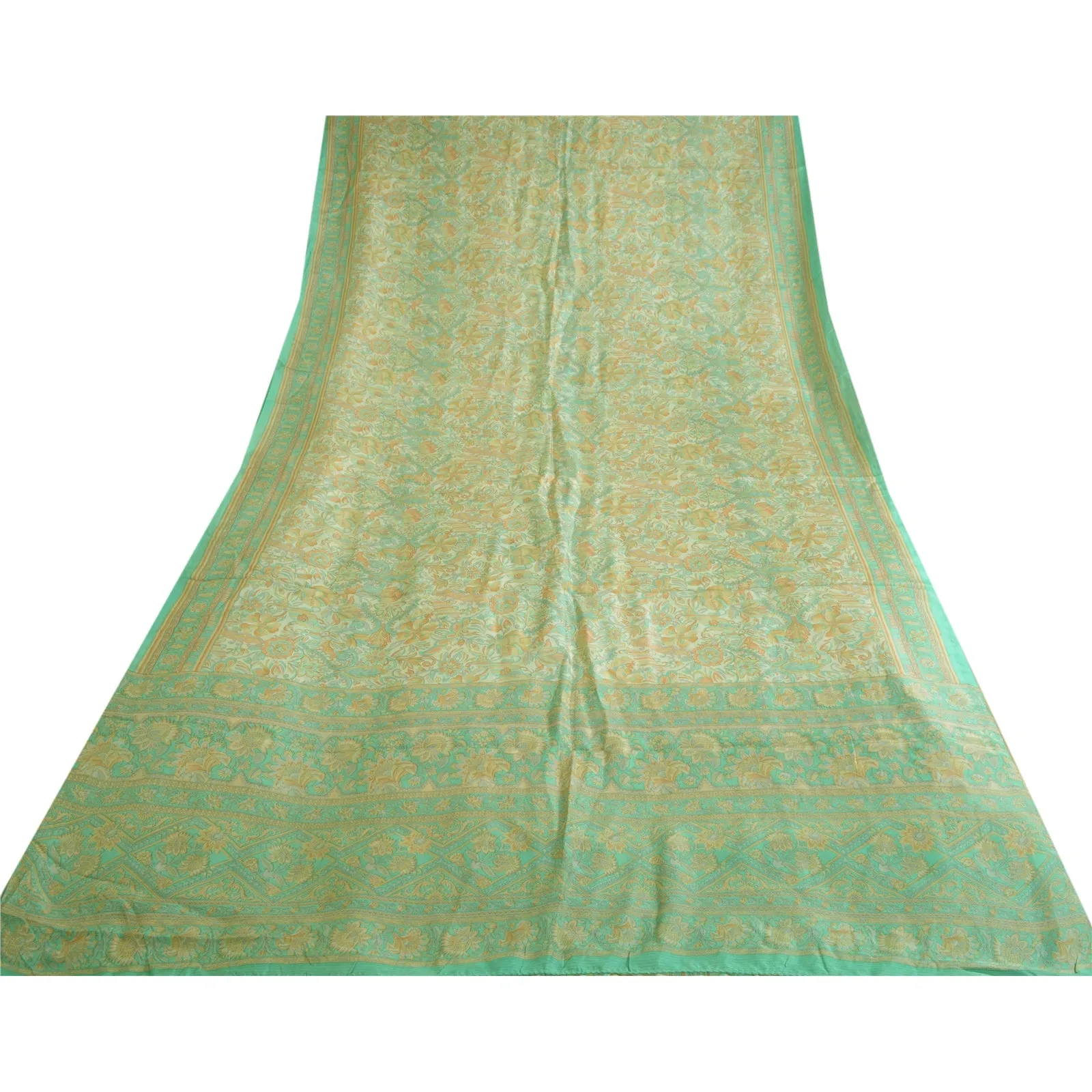 Sanskriti Vintage Sarees Ivory/Sea-Green Pure Silk Printed Sari 5yd Craft Fabric