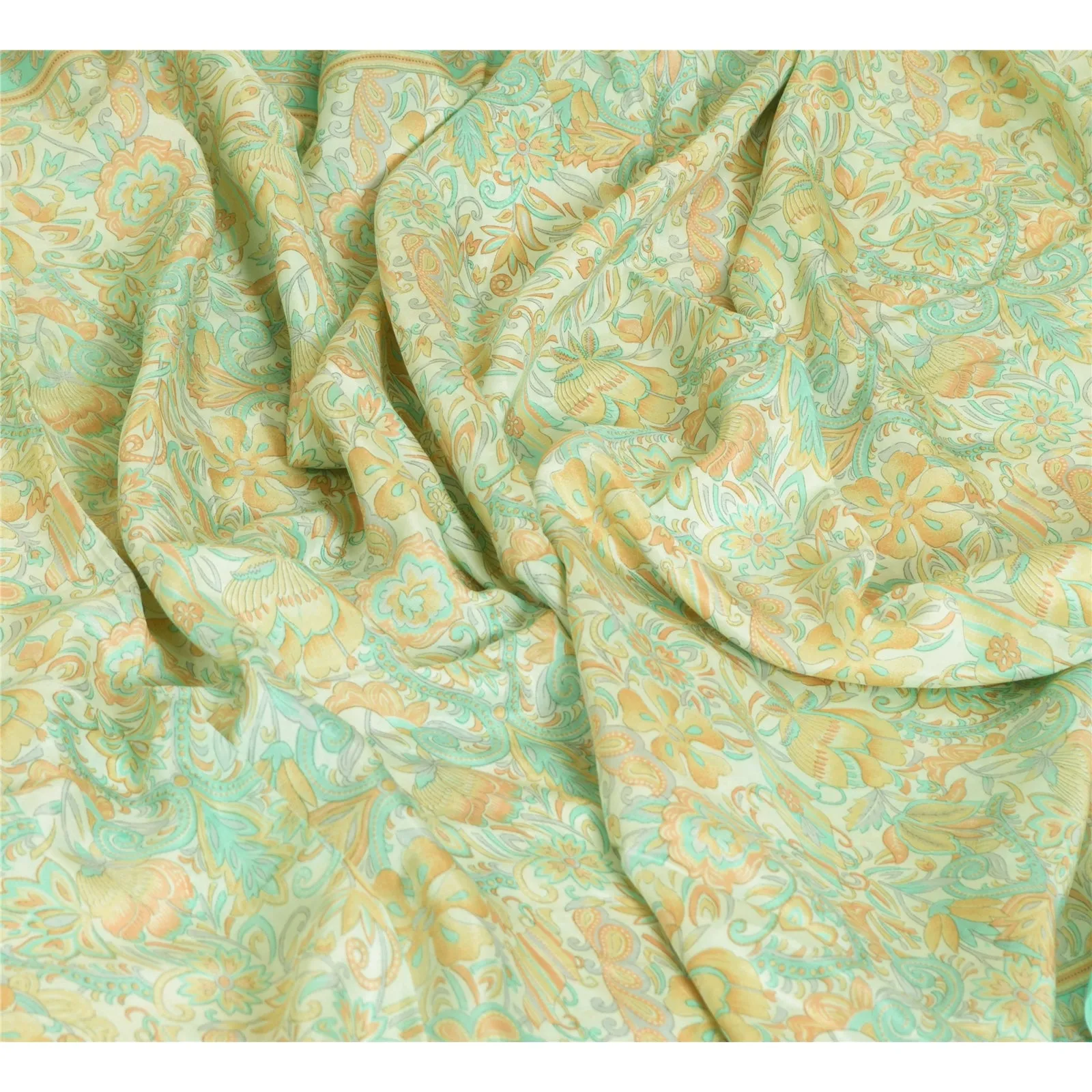 Sanskriti Vintage Sarees Ivory/Sea-Green Pure Silk Printed Sari 5yd Craft Fabric