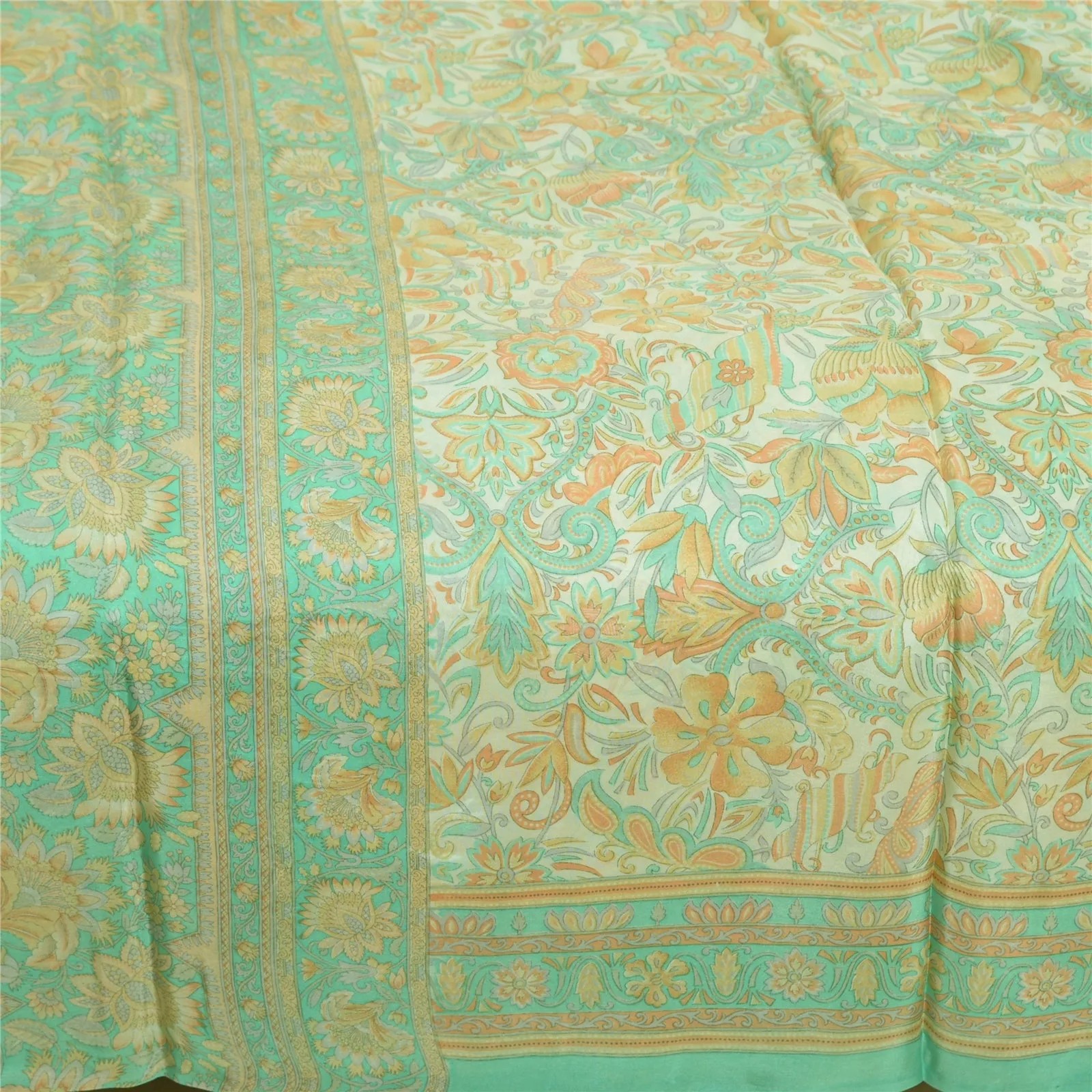 Sanskriti Vintage Sarees Ivory/Sea-Green Pure Silk Printed Sari 5yd Craft Fabric