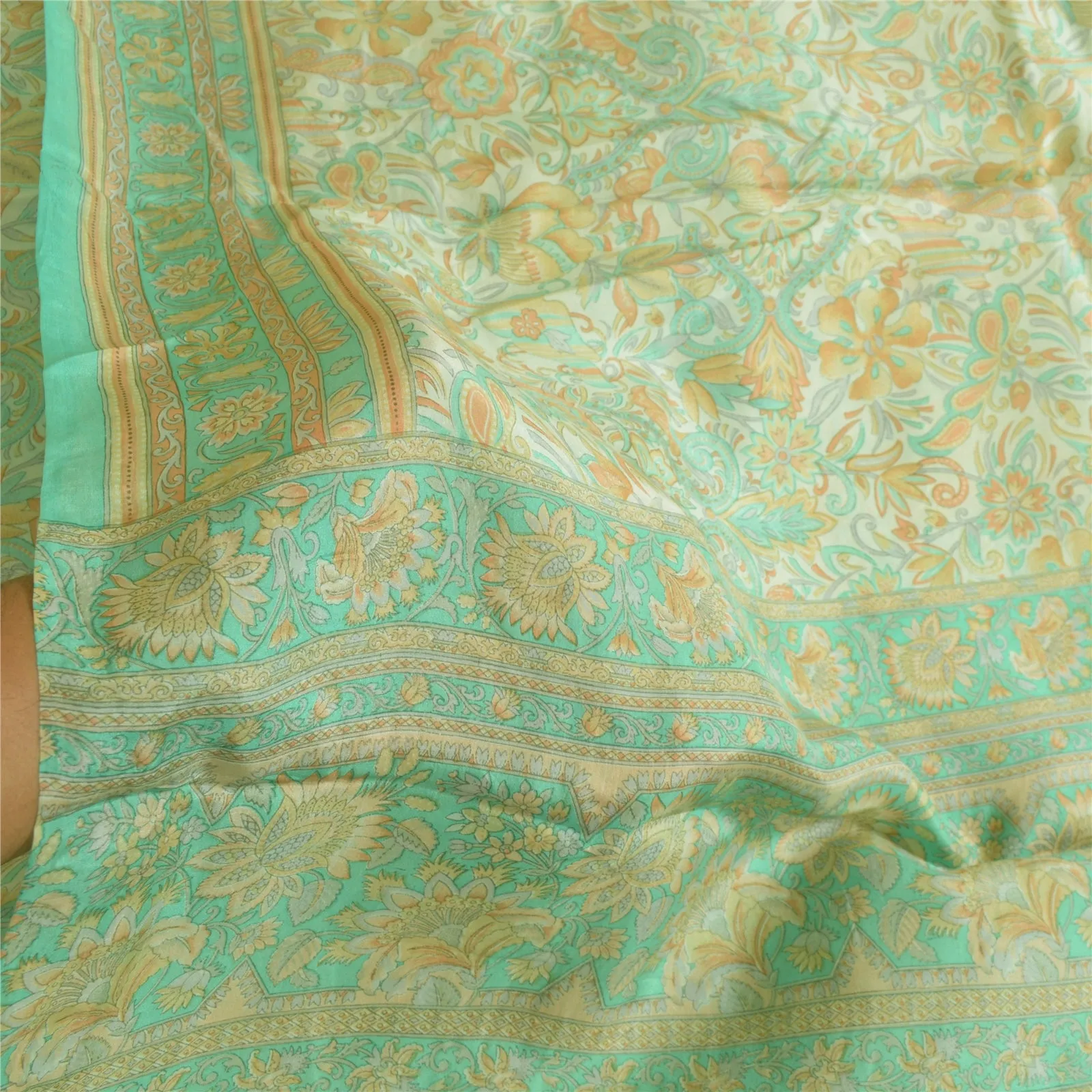 Sanskriti Vintage Sarees Ivory/Sea-Green Pure Silk Printed Sari 5yd Craft Fabric