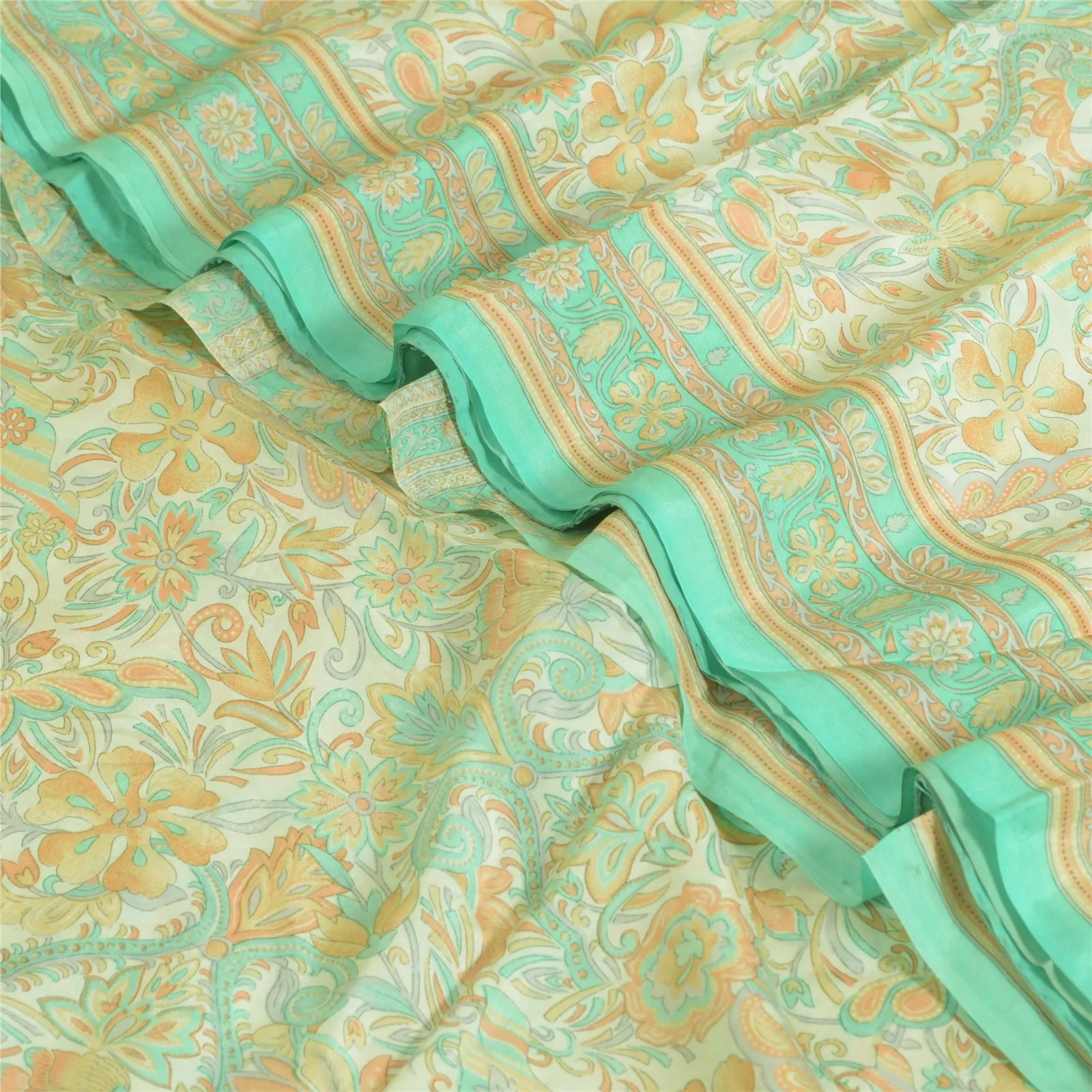 Sanskriti Vintage Sarees Ivory/Sea-Green Pure Silk Printed Sari 5yd Craft Fabric