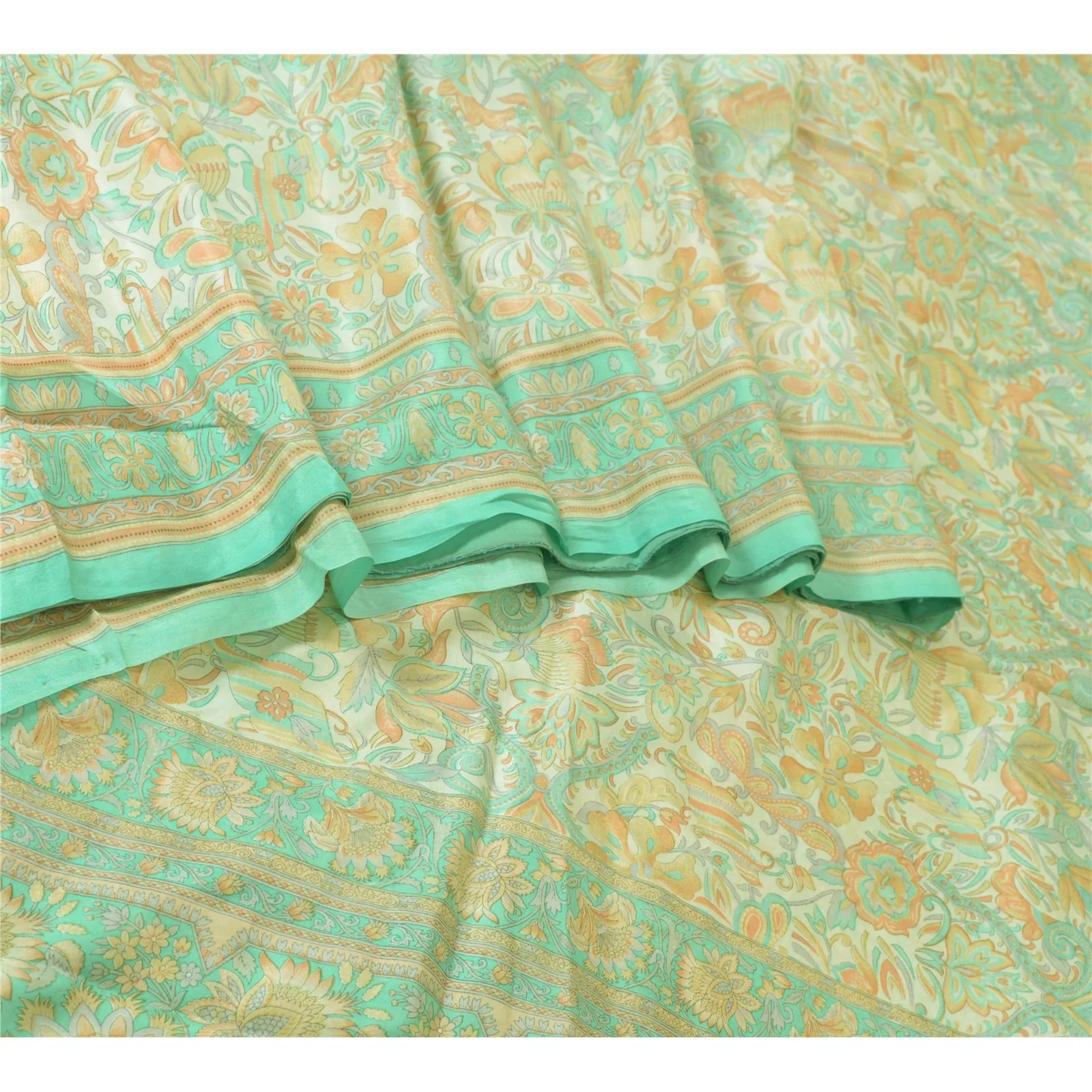 Sanskriti Vintage Sarees Ivory/Sea-Green Pure Silk Printed Sari 5yd Craft Fabric