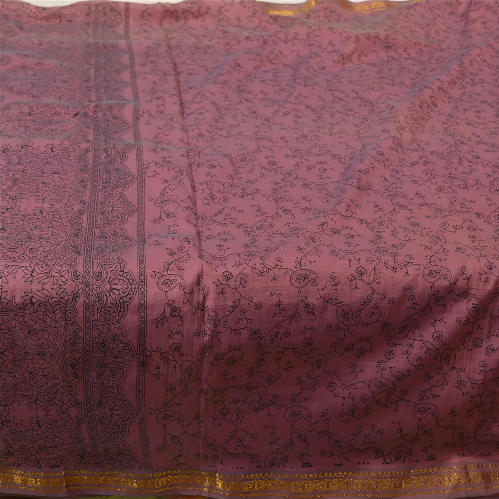 Sanskriti Vintage Sarees Mauve Zari Border Pure Cotton Printed Sari Craft Fabric