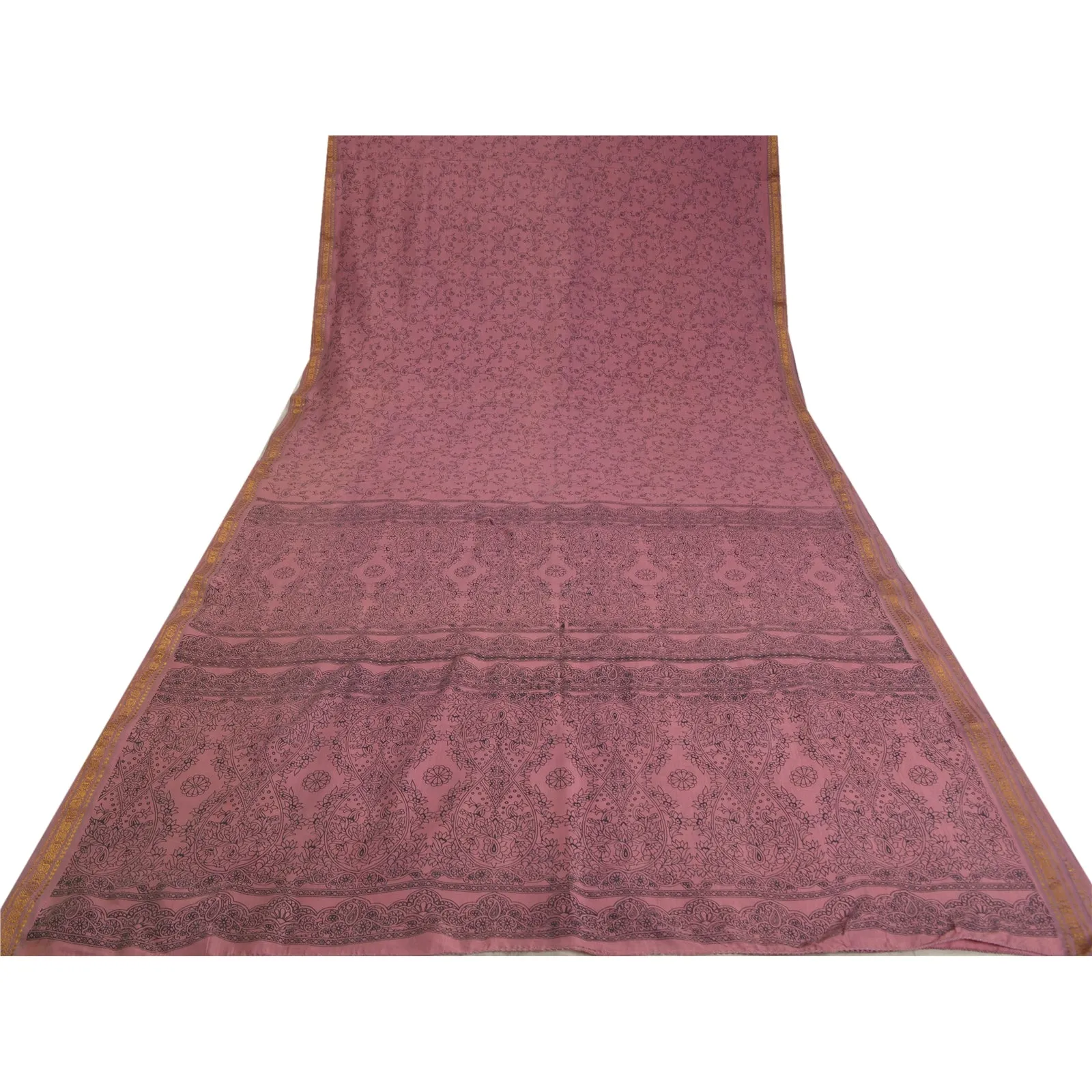 Sanskriti Vintage Sarees Mauve Zari Border Pure Cotton Printed Sari Craft Fabric