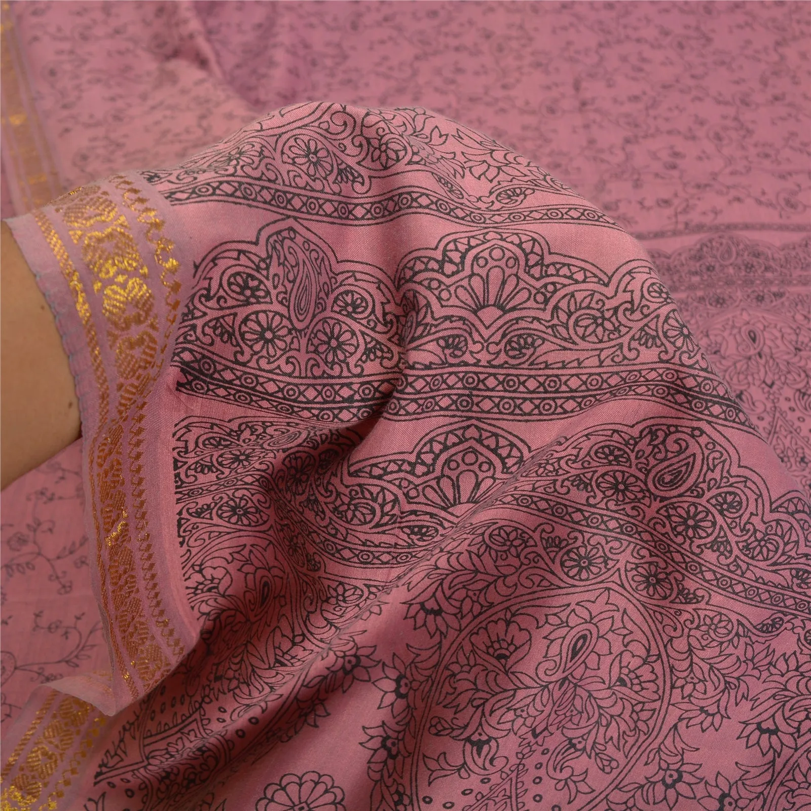 Sanskriti Vintage Sarees Mauve Zari Border Pure Cotton Printed Sari Craft Fabric