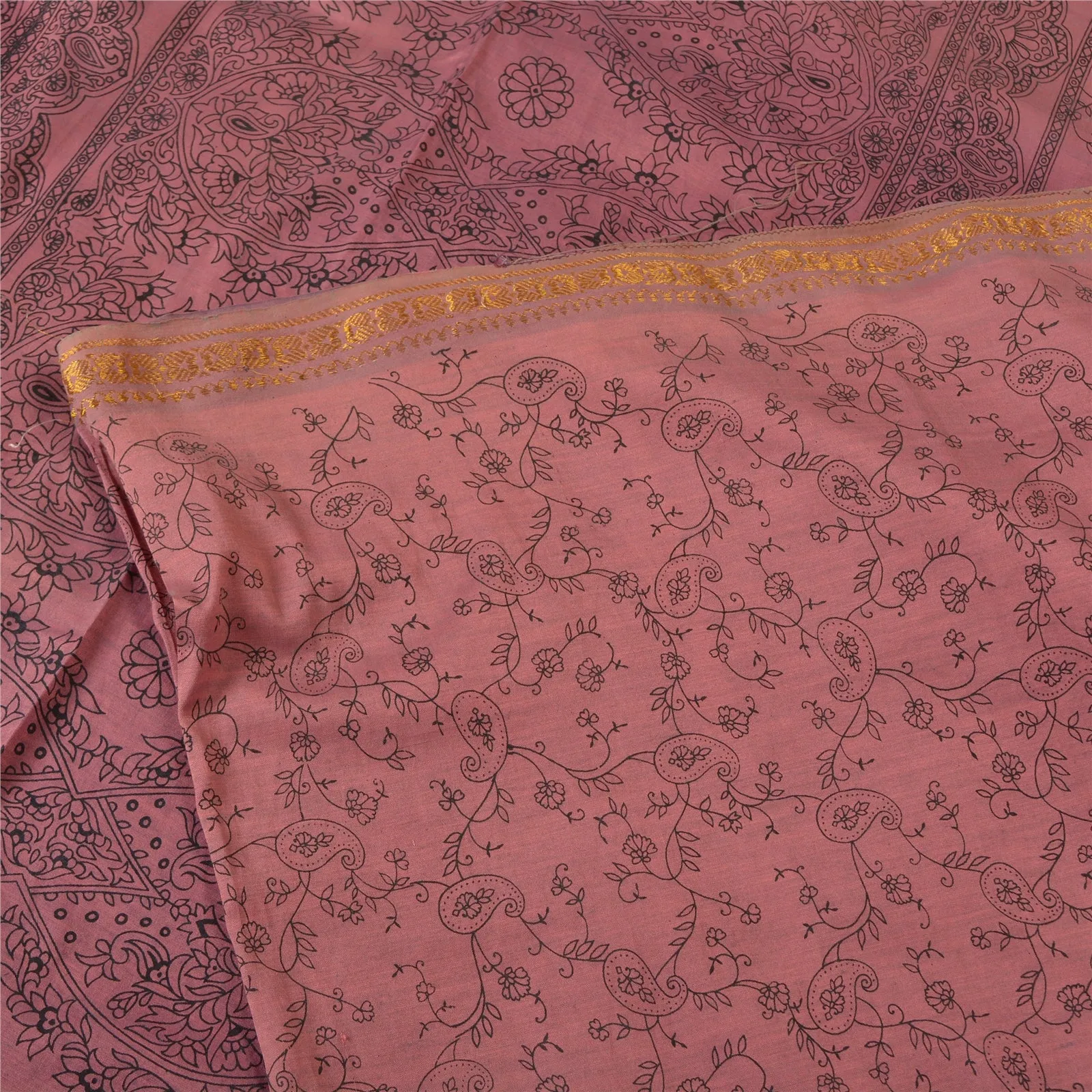 Sanskriti Vintage Sarees Mauve Zari Border Pure Cotton Printed Sari Craft Fabric