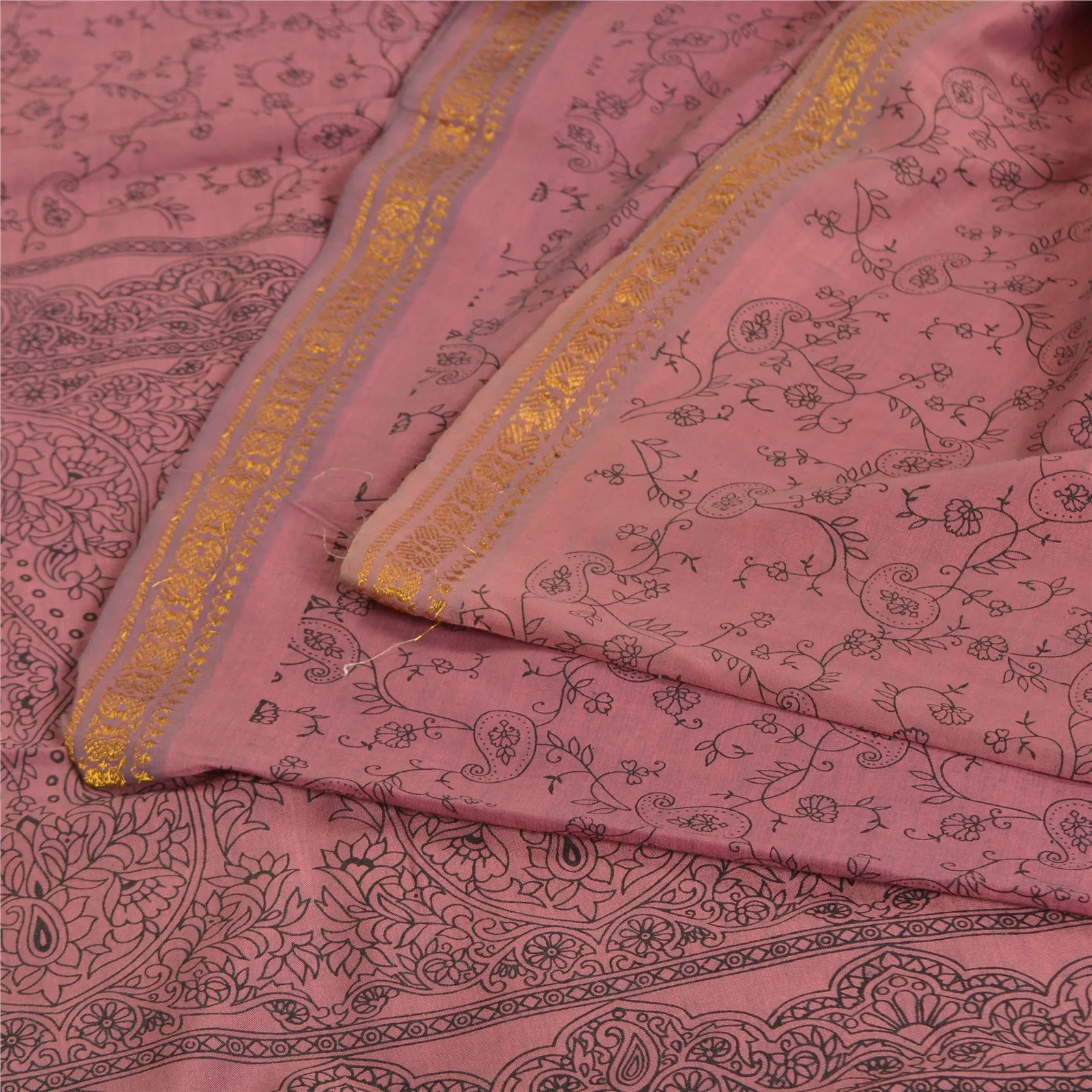 Sanskriti Vintage Sarees Mauve Zari Border Pure Cotton Printed Sari Craft Fabric