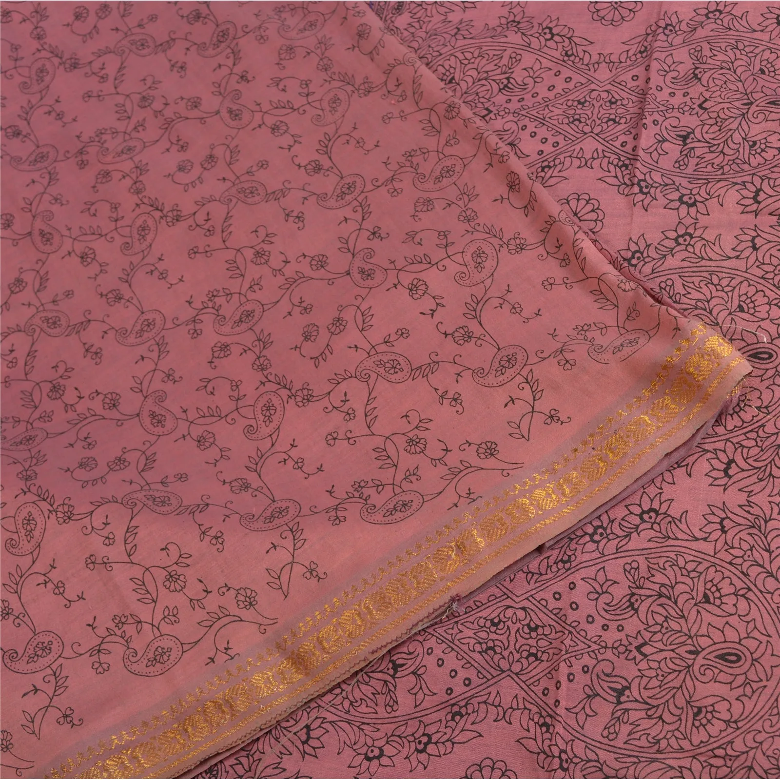 Sanskriti Vintage Sarees Mauve Zari Border Pure Cotton Printed Sari Craft Fabric