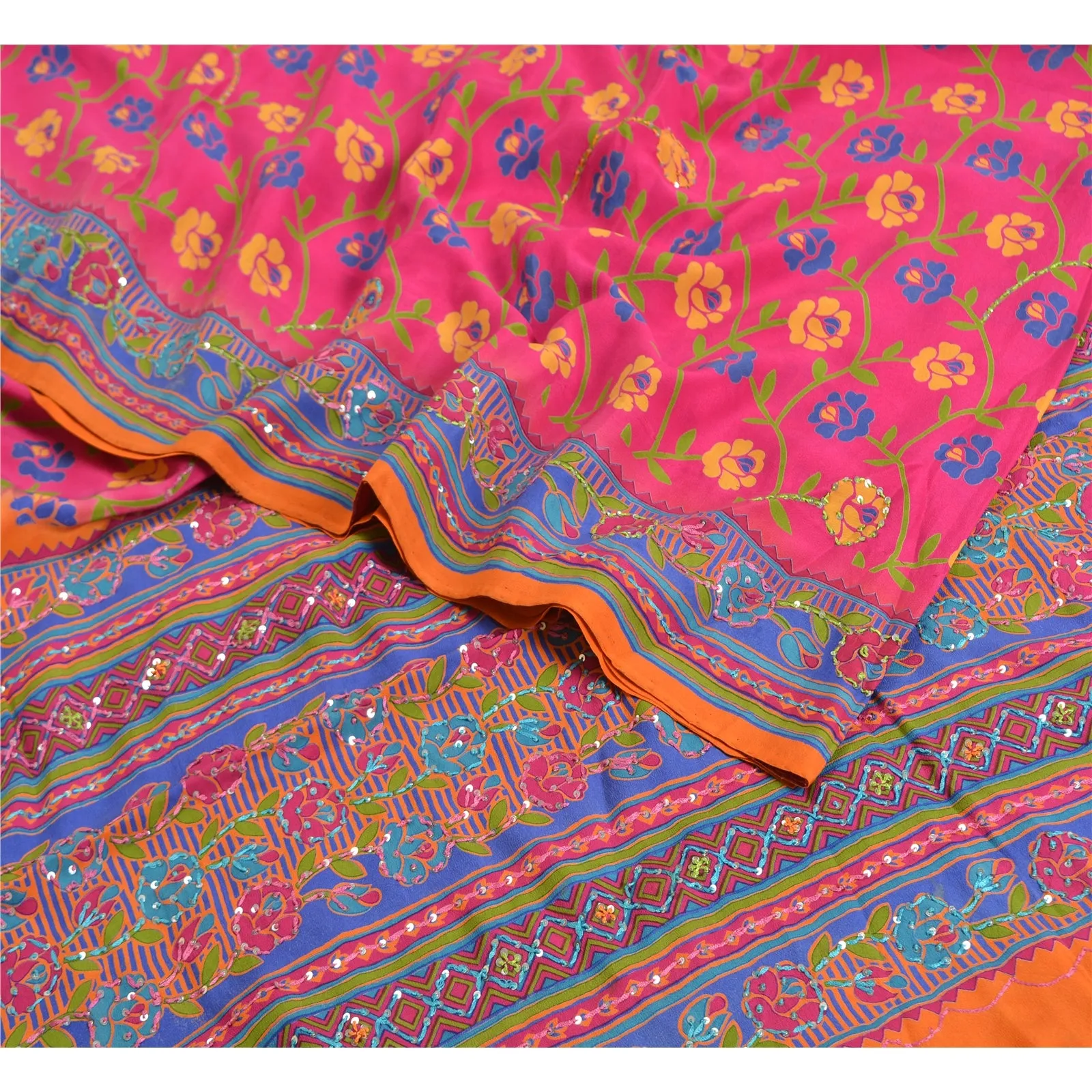 Sanskriti Vintage Sarees Pink Hand Beads Pure Crepe Silk Print Sari Craft Fabric