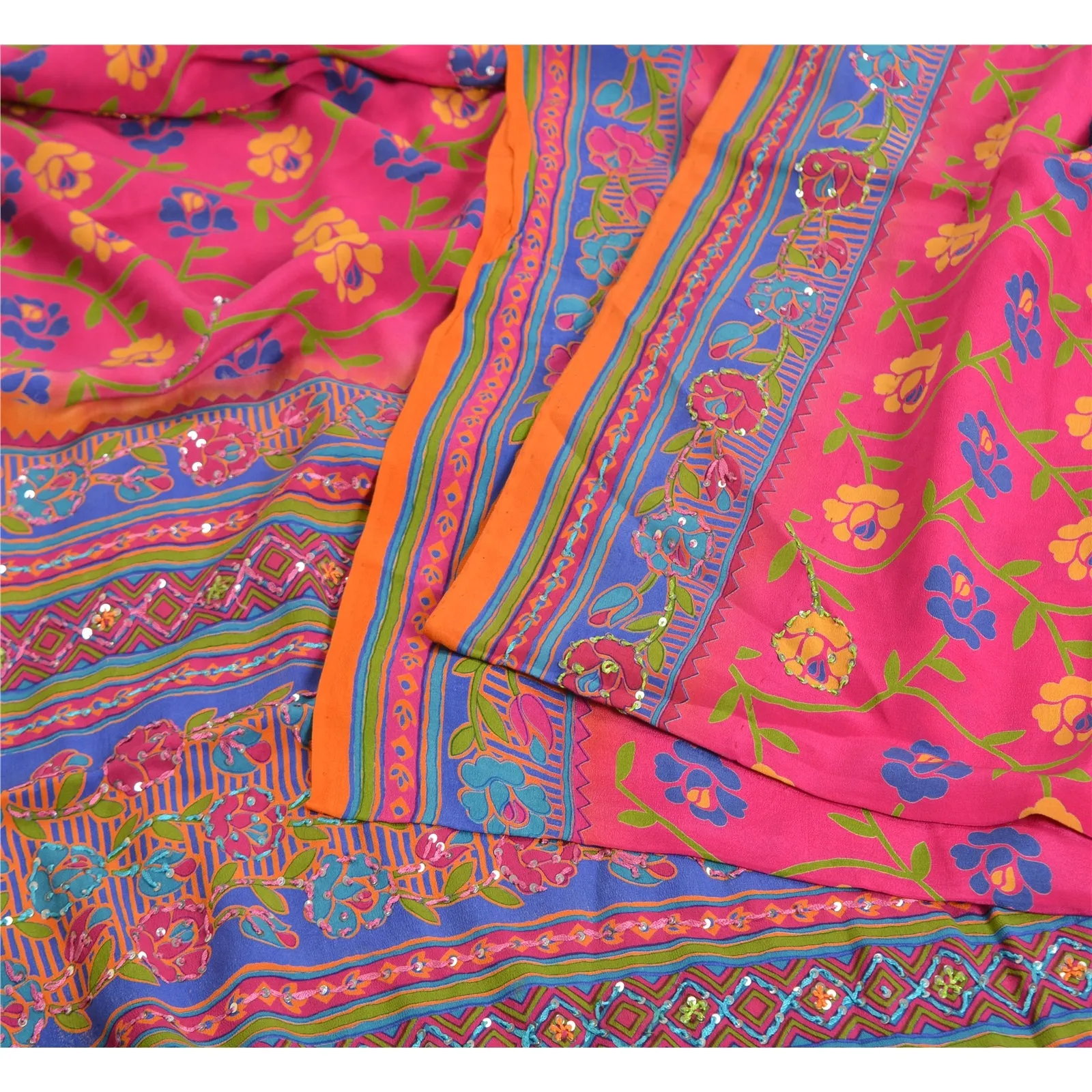 Sanskriti Vintage Sarees Pink Hand Beads Pure Crepe Silk Print Sari Craft Fabric