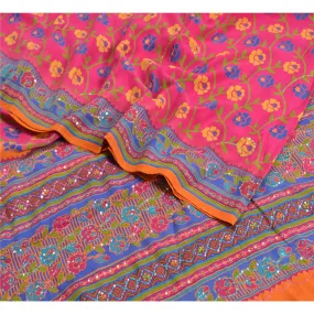 Sanskriti Vintage Sarees Pink Hand Beads Pure Crepe Silk Print Sari Craft Fabric