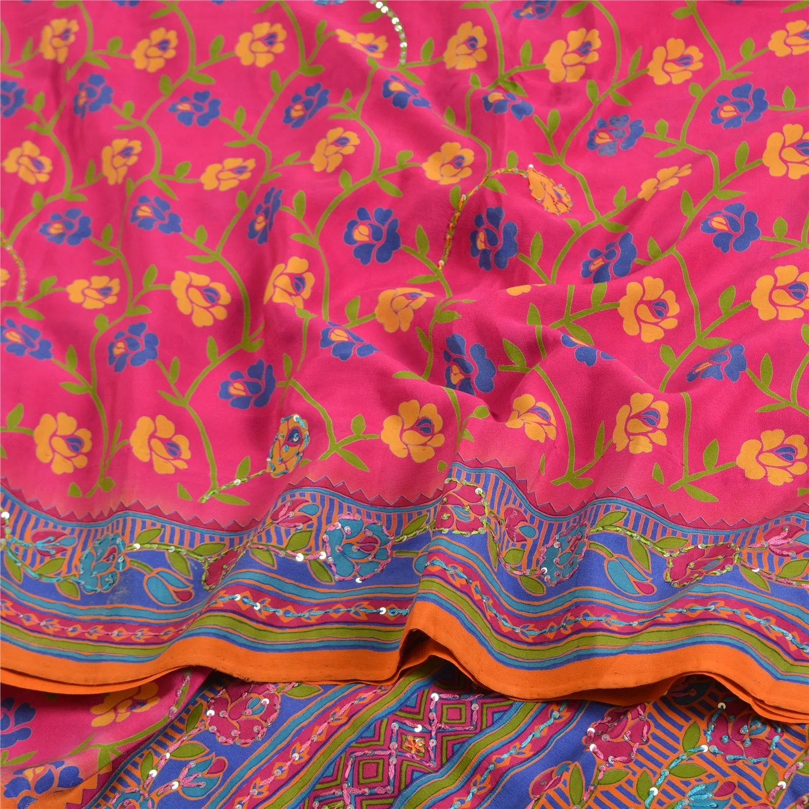 Sanskriti Vintage Sarees Pink Hand Beads Pure Crepe Silk Print Sari Craft Fabric