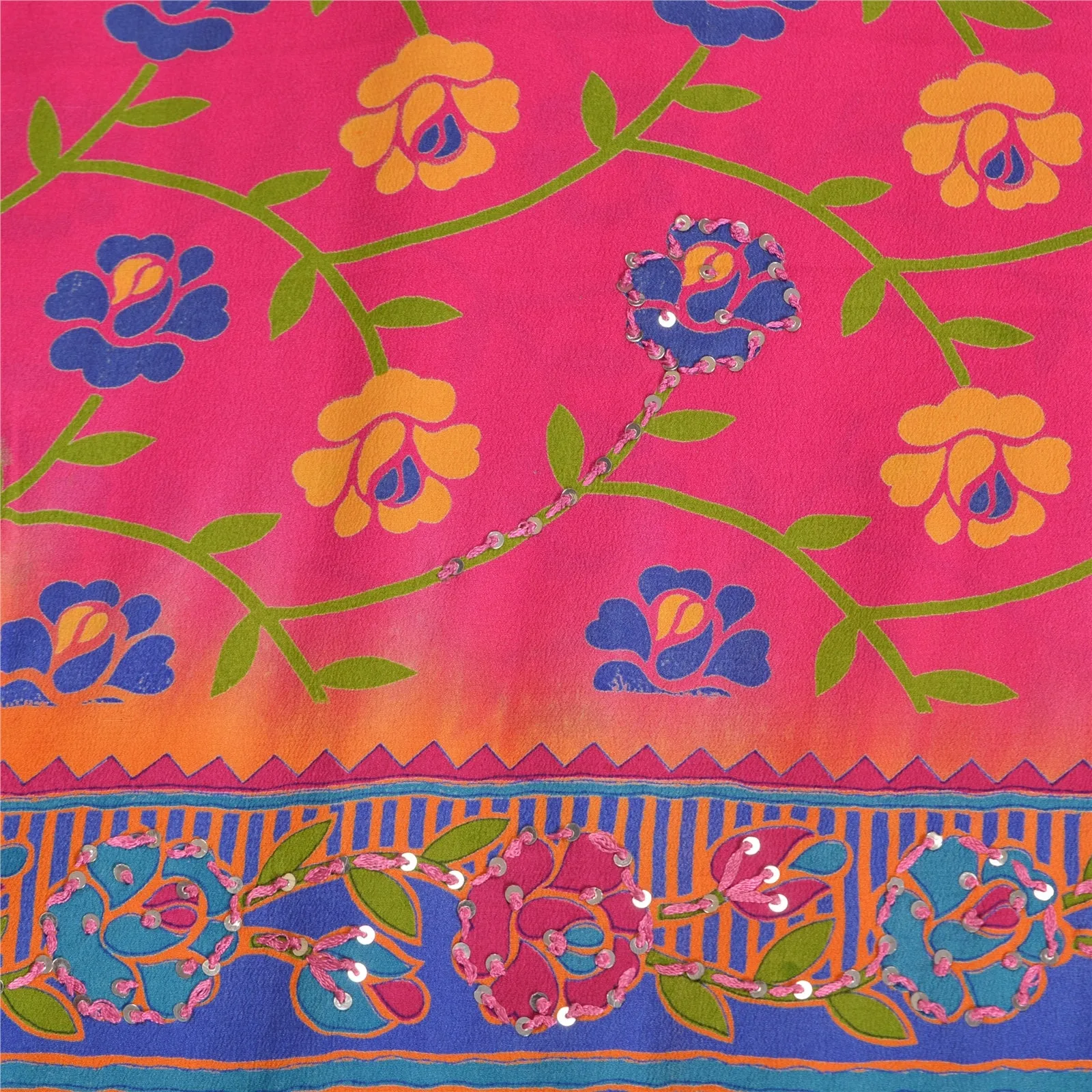 Sanskriti Vintage Sarees Pink Hand Beads Pure Crepe Silk Print Sari Craft Fabric