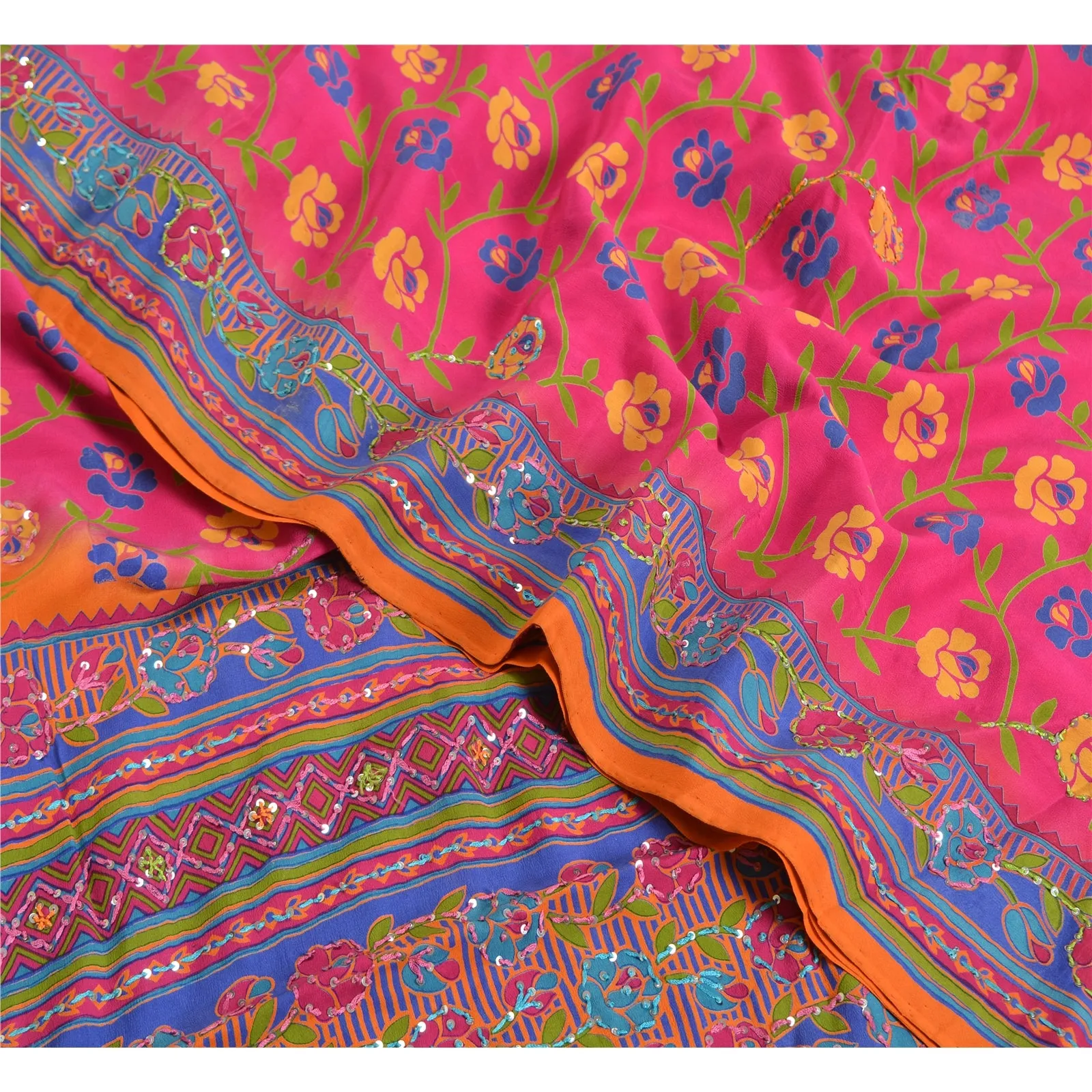 Sanskriti Vintage Sarees Pink Hand Beads Pure Crepe Silk Print Sari Craft Fabric