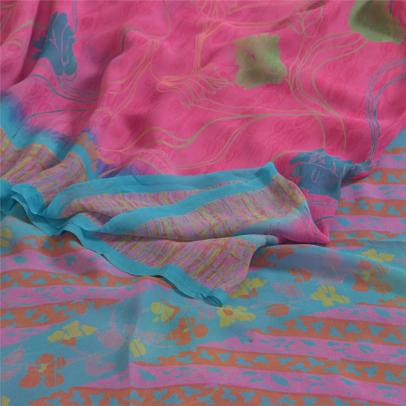 Sanskriti Vintage Sarees Pink Pure Georgette Silk Printed Sari 5yd Craft Fabric