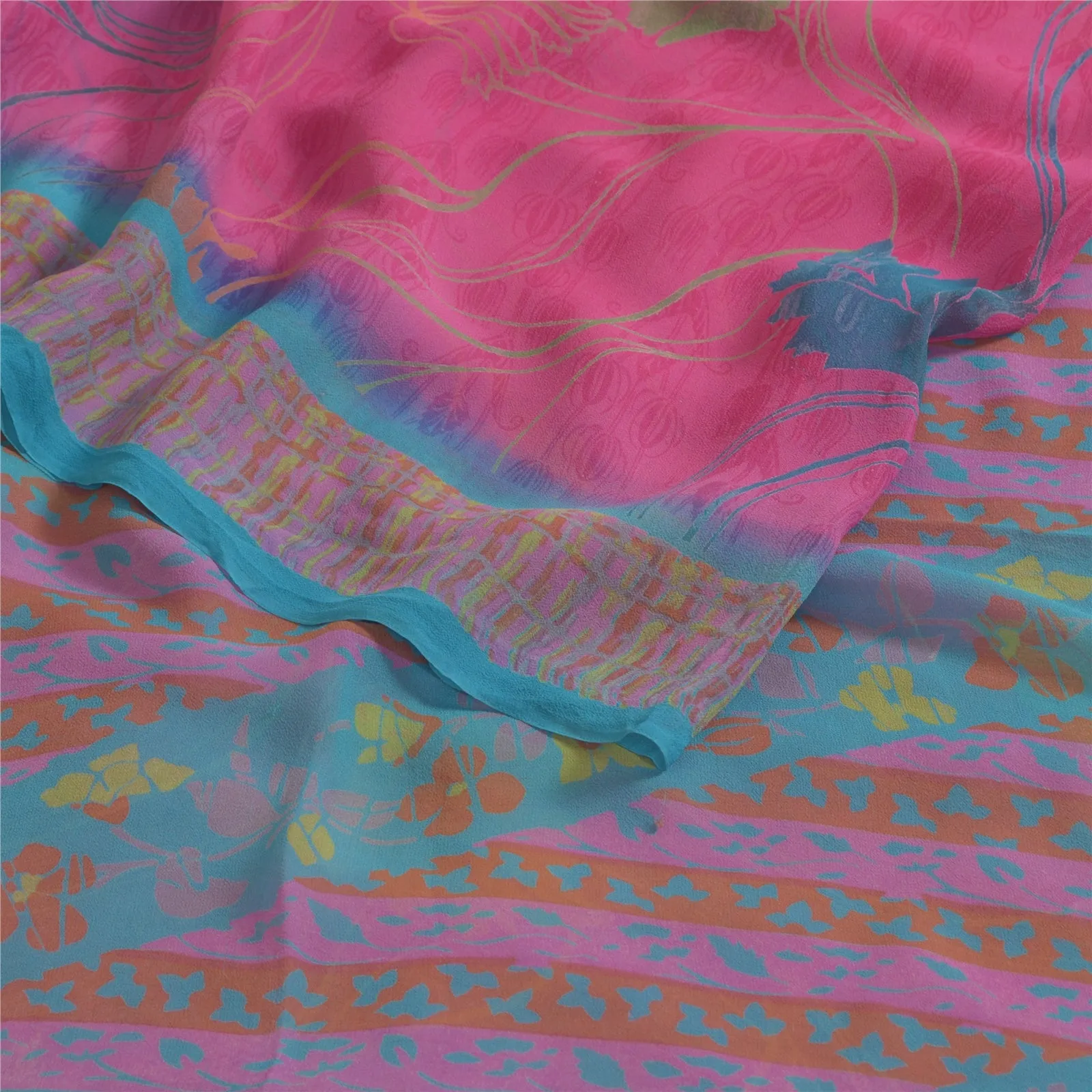 Sanskriti Vintage Sarees Pink Pure Georgette Silk Printed Sari 5yd Craft Fabric