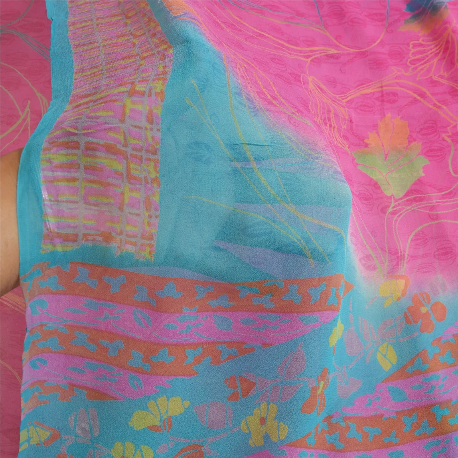 Sanskriti Vintage Sarees Pink Pure Georgette Silk Printed Sari 5yd Craft Fabric