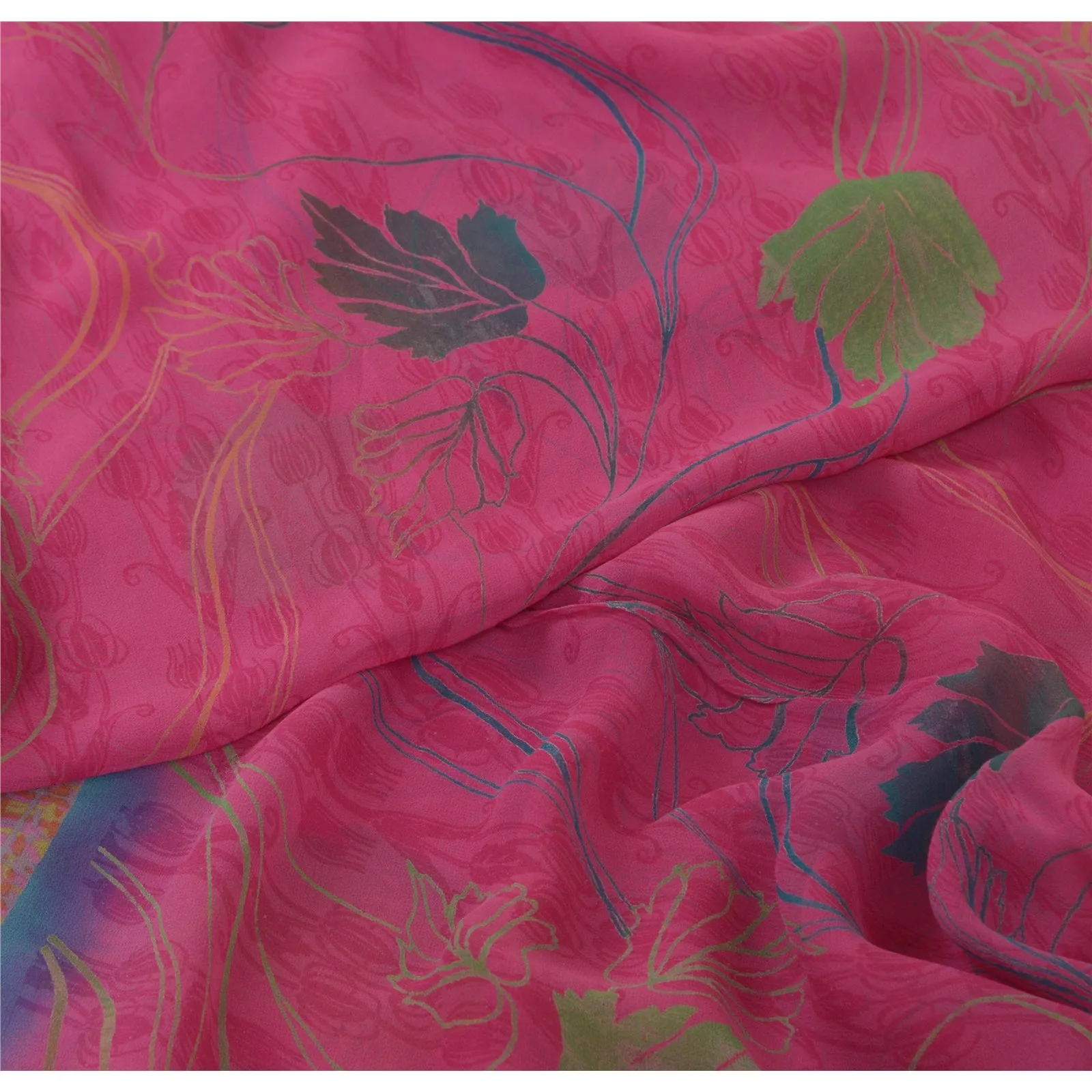 Sanskriti Vintage Sarees Pink Pure Georgette Silk Printed Sari 5yd Craft Fabric