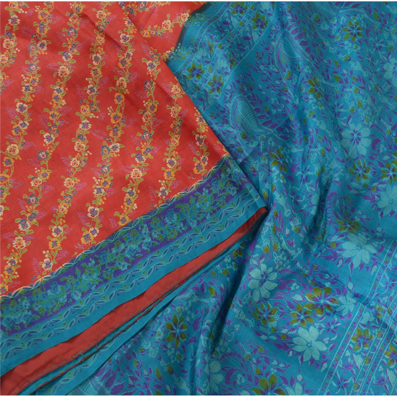 Sanskriti Vintage Sarees Red-Blue Printed 100% Pure Silk Sari 5yd Craft Fabric