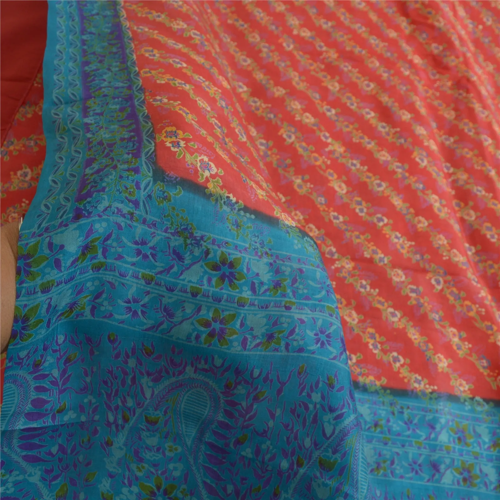 Sanskriti Vintage Sarees Red-Blue Printed 100% Pure Silk Sari 5yd Craft Fabric