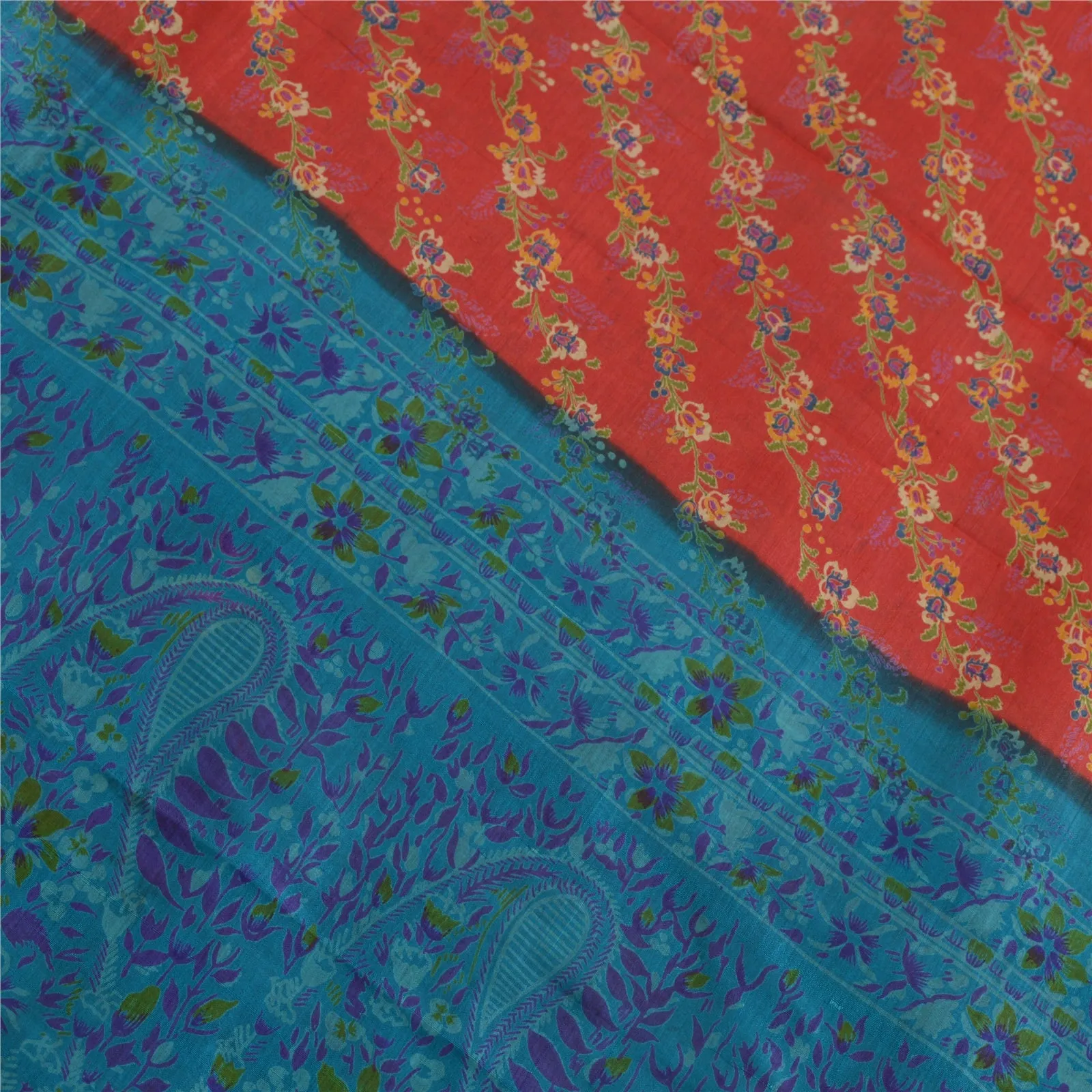 Sanskriti Vintage Sarees Red-Blue Printed 100% Pure Silk Sari 5yd Craft Fabric