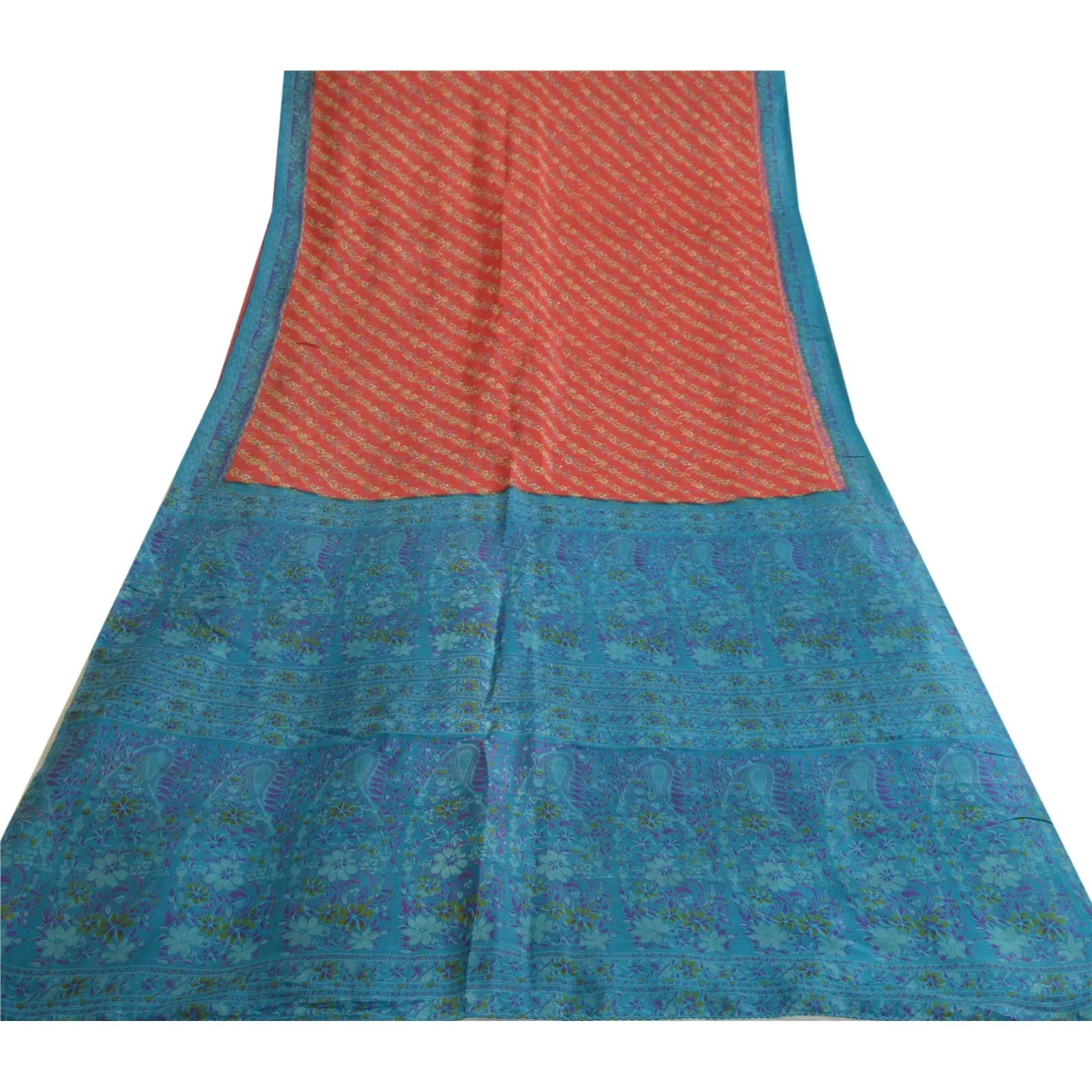 Sanskriti Vintage Sarees Red-Blue Printed 100% Pure Silk Sari 5yd Craft Fabric