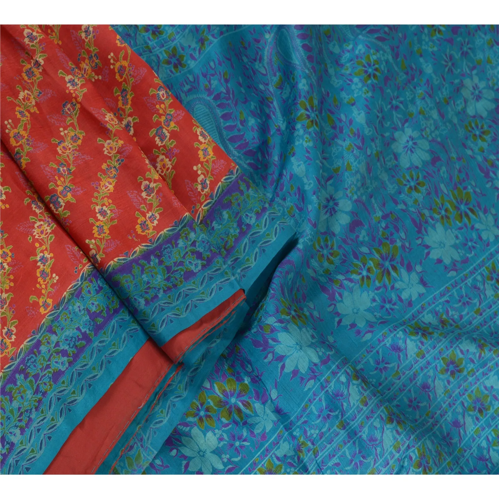 Sanskriti Vintage Sarees Red-Blue Printed 100% Pure Silk Sari 5yd Craft Fabric