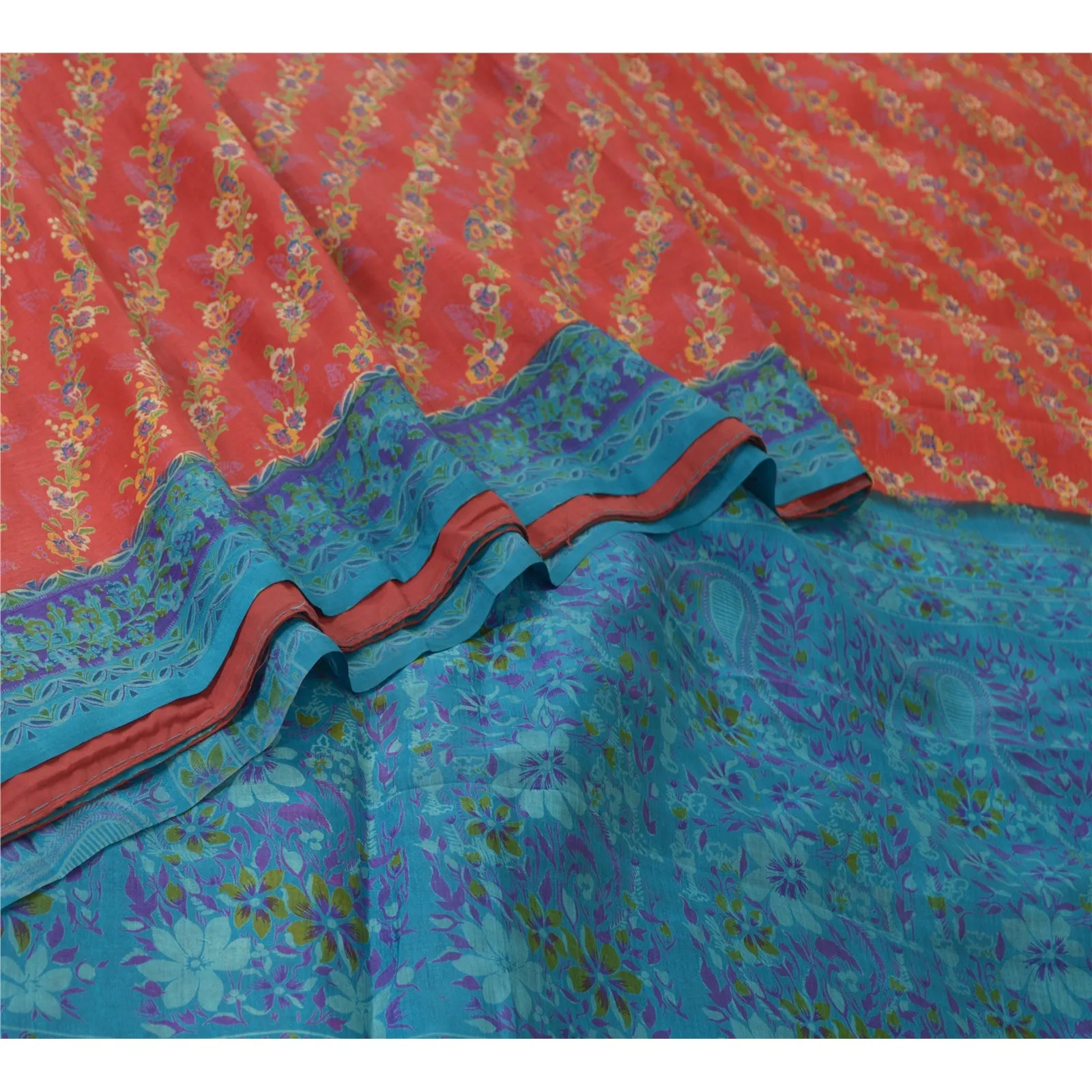 Sanskriti Vintage Sarees Red-Blue Printed 100% Pure Silk Sari 5yd Craft Fabric